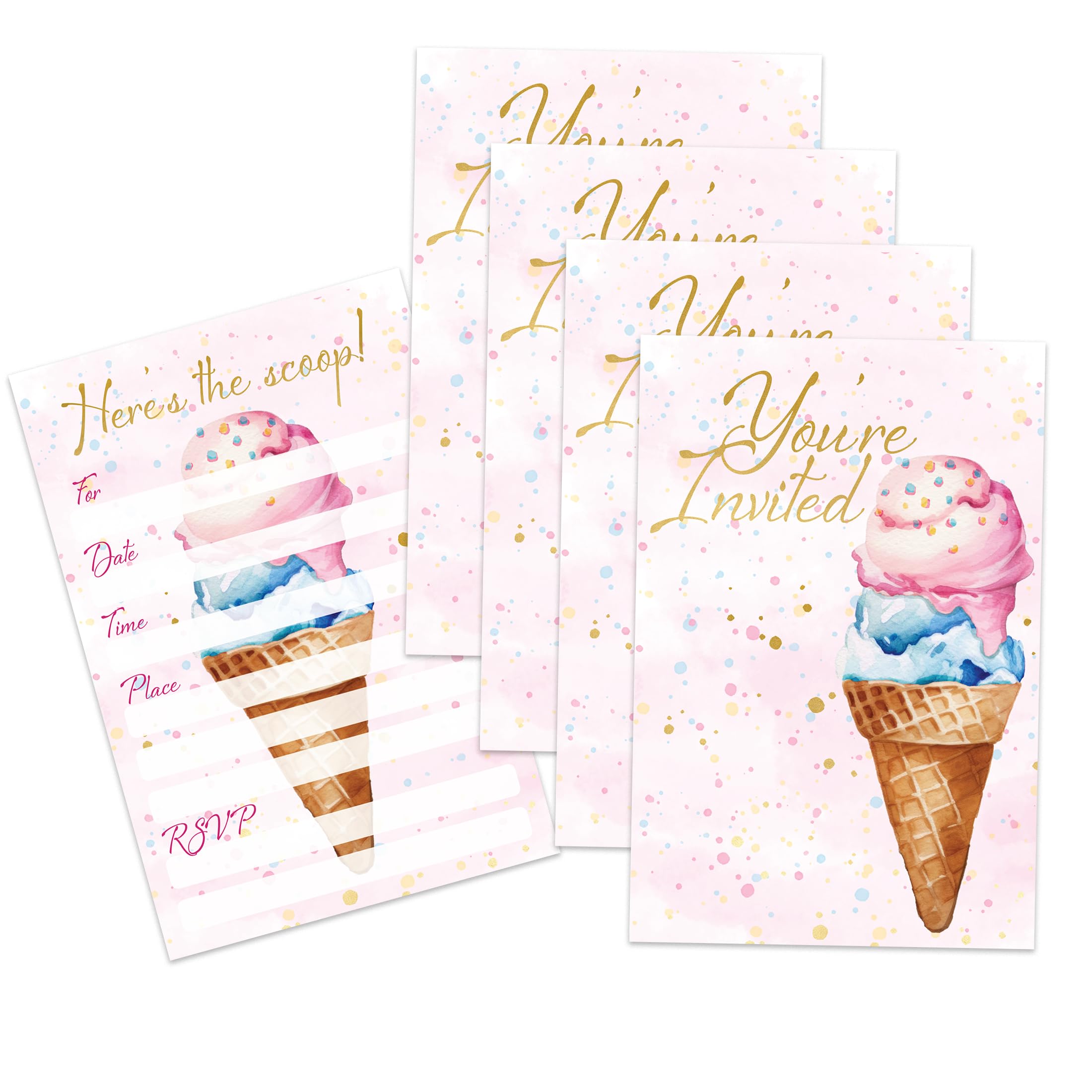 Here's The Scoop Ice Cream Birthday Party Brial Shower Baby Shower Invites - 20 Count of 4 x 6 Inch Double Sided Fill-In Invitations With Wet To Seal Envelopes