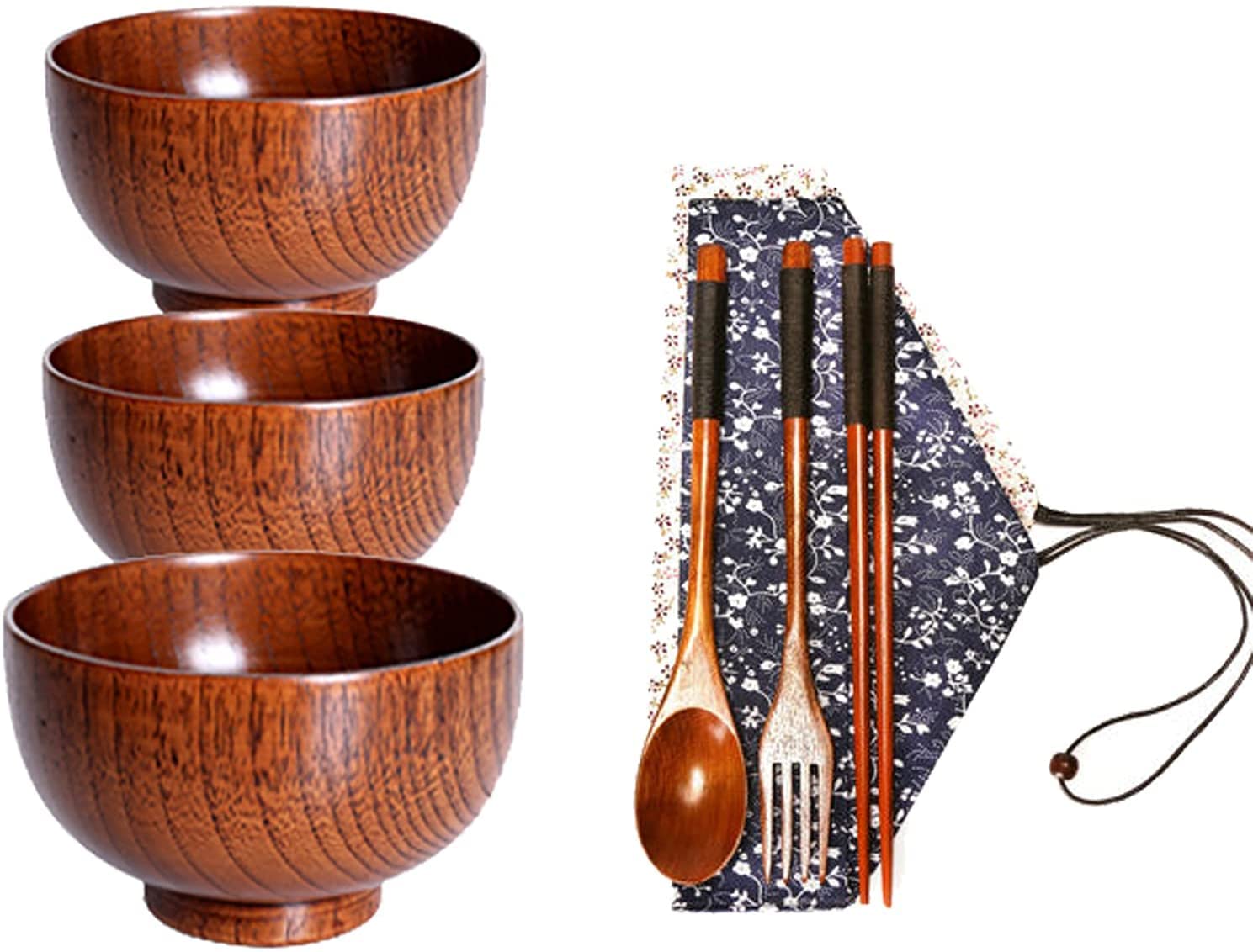 WOTZOV Bowl Household Rice Bowl Ramen Bowl Tableware Jujube Wood Salad Bowl Set, Wooden Salad Bowls With Wooden Cutlery Set, Large Wood Bowl For Food, Fruits, Salads And Decoration，Black 3PACK