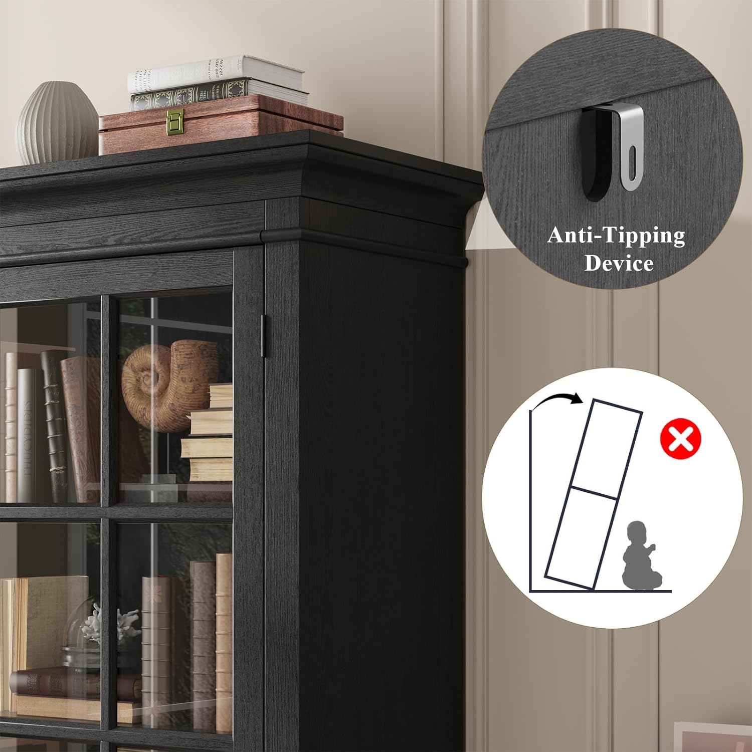 QUW Modern 65" Tall Display Cabinet, Farmhouse Curio Cabinets with Adjustable Shelves, 5-Tier Bookcase with Tempered Glass Door, Storage Cabinet for Office, Kitchen, Living Room, Black