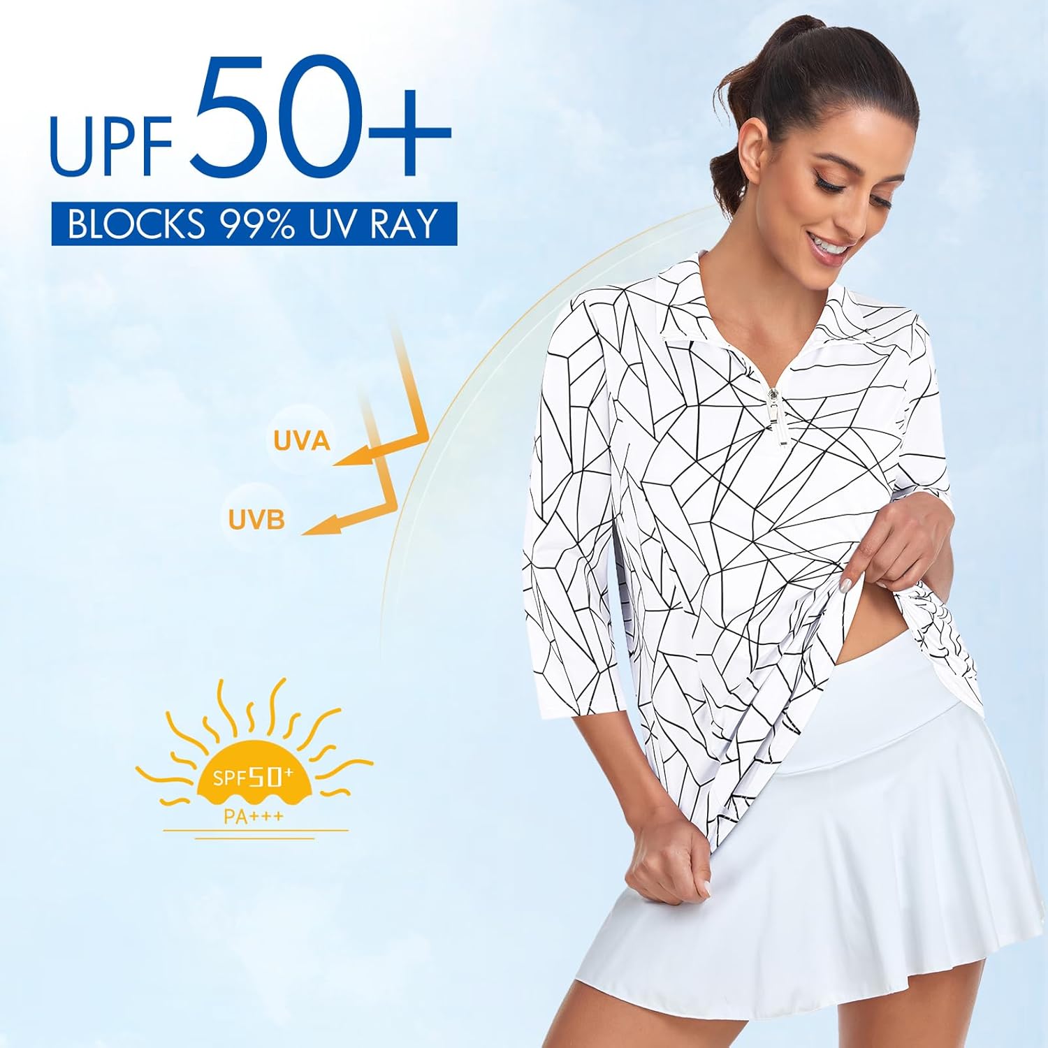 Tanst Sky Womens Golf Polo Shirts Zipper 3/4 Sleeve Moisture Wicking Tops UPF 50+ Workout Tennis Apparel - Image 4