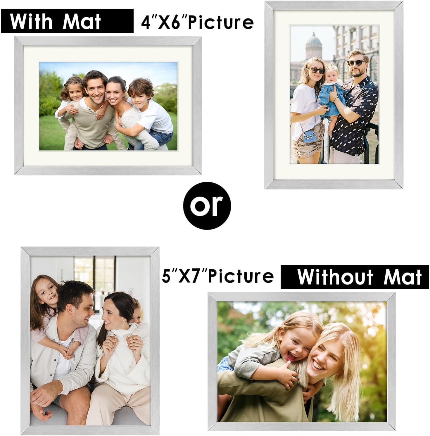 Golden State Art, Silver 5x7 Aluminum Picture Frame - Display Photos 4x6 with Mat or 5x7 inch Without Mat - Shatter-Resistant Glass Metal Photo Frame for Wall or Tabletop Display (2 Pack)