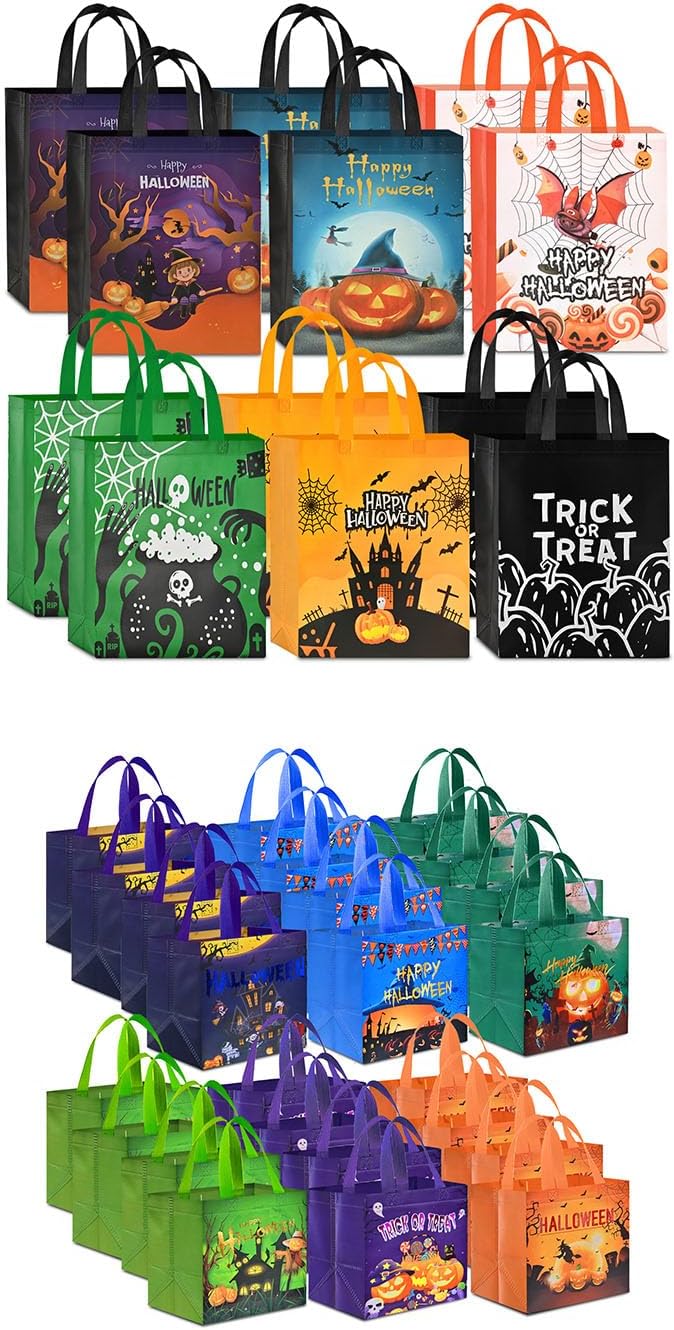 AhfuLife 12 Patterns Halloween Trick or Treat Bags, Halloween Candy Tote Bags with Handles for Kids, Reusable Gift Bags Party Supplies (24 Pcs 7.8×7.8×5.9'', 12 pcs 15×11.8×3.9'')