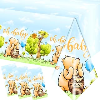 Gupesxu Baby Shower Decoration-3pcs Bear Oh Baby Baby Shower Tablecloth,Blue Bear Disposable We Can Bearly Wait Table Covers for Boy Baby Shower Gender Reveal Tablecloth Party Supplies