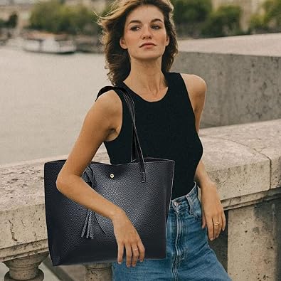 AYNKH Black Tote Bag, with Large Capacity, Ladies Handbag Tote Bag Soft PU Leather, for Women Reusable Shoulder Bag Handbags for Picnic Holiday Shopping Travel Gym