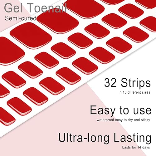 Miniatura 5 de Tiras de uñas de gel semicuradas, 32 calcomanías de gel rojo de potencia, funciona con cualquier lámpara UV, tiras de pedicura, envolturas completas
