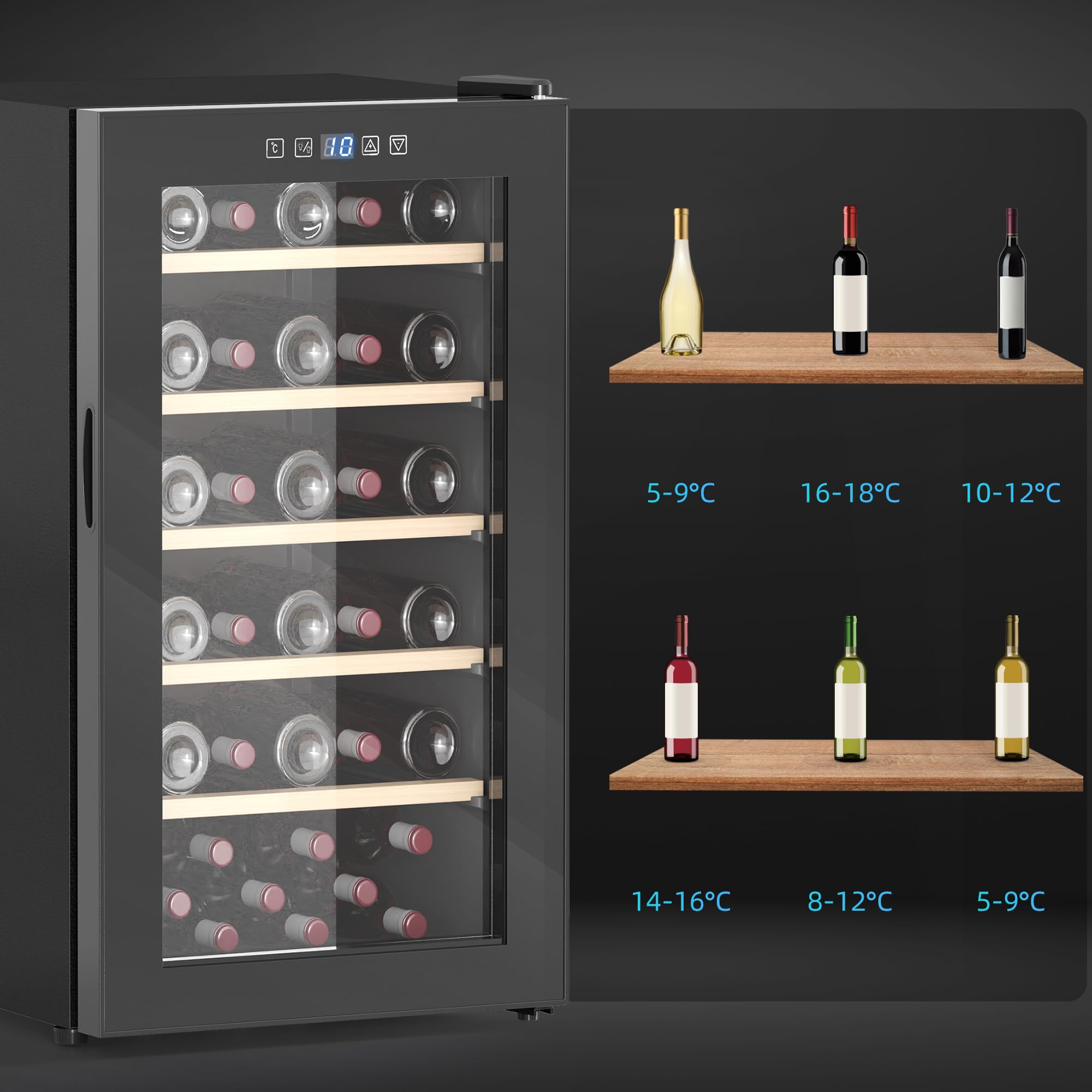 HOMCOM 41 Bottle Wine Fridge, 91 Litre Capacity, 45cm Freestanding Wine Cooler Fridge with Glass Door, LED Light, Digital Touch Screen, Temperature Control, Black — view 9