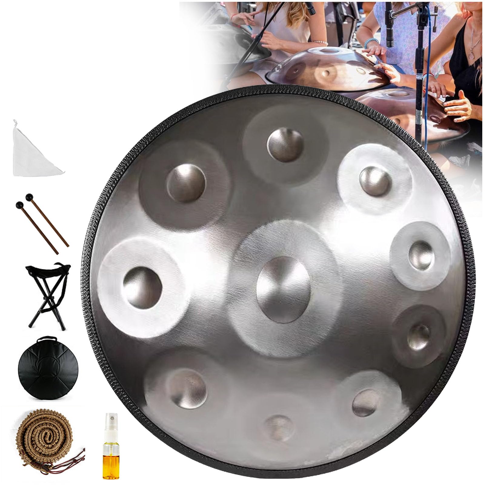 Tambor de Mano de Acero de 10 Notas, Tambores de Acero Handpan de 432 HZ, Pan de Mano en re Menor, Instrumentos de Tambores Handpan para con Bolsa Handpan (C)