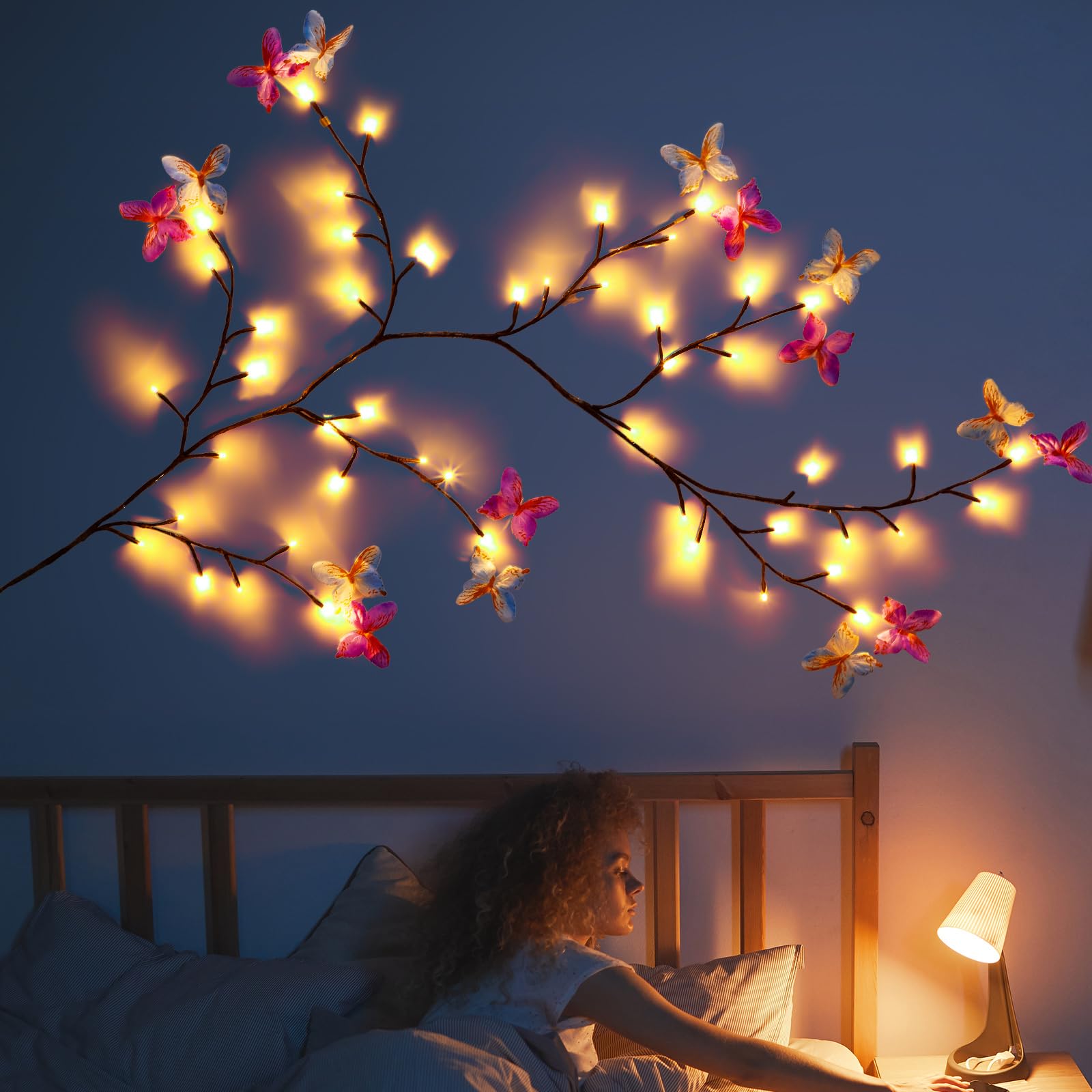 Glooglitter 2 set di luci a forma di farfalla in salice incantato, 1,5 m, 72 LED, decorazioni natalizie, ramo di albero a farfalla, luci regalo per parete, camera da letto, camino, casa, finestra