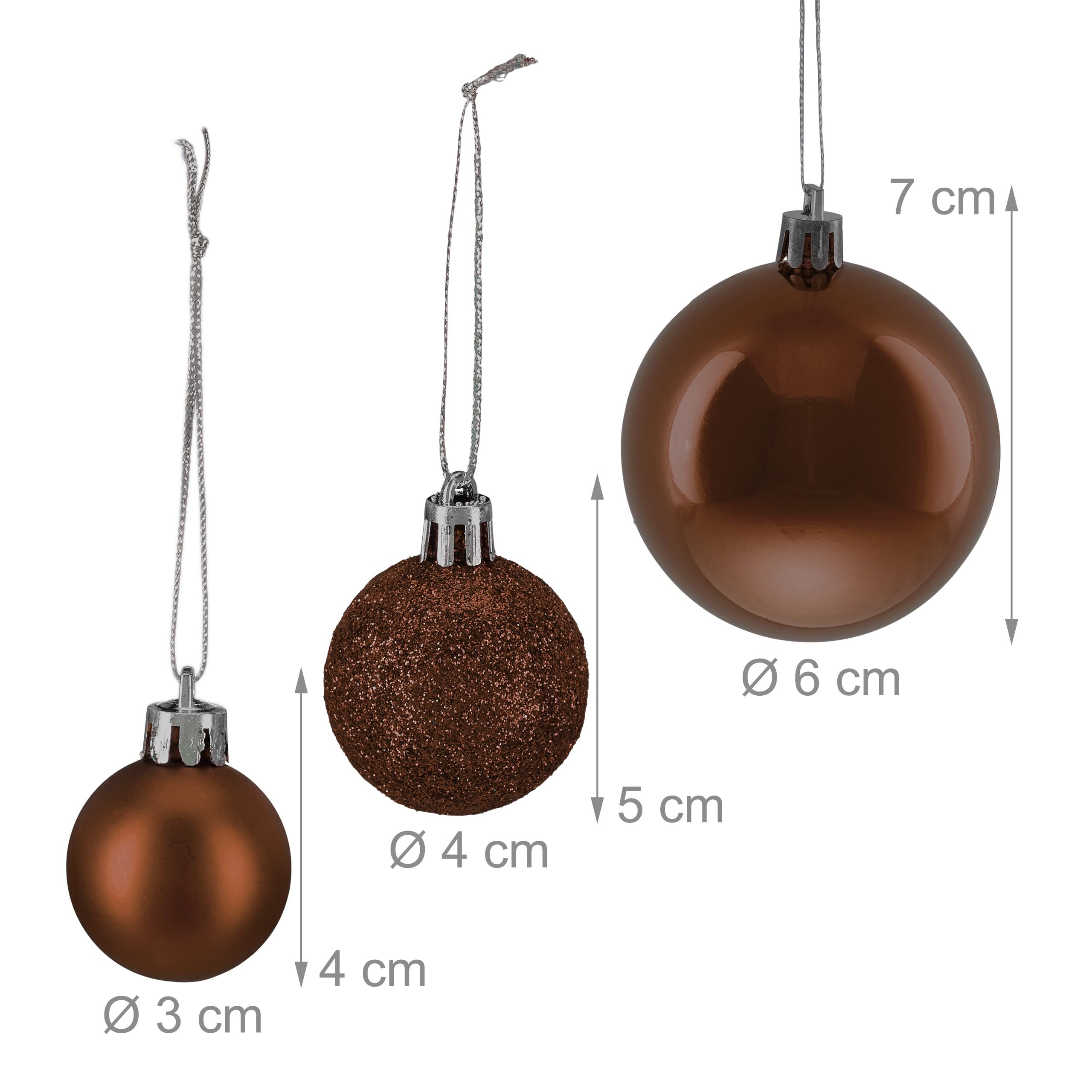 Relaxdays Palline di Natale, Set 50 Palle Albero, Addobbi Natalizi, Sfere in Plastica Opache, Lucide e Glitter, Marrone