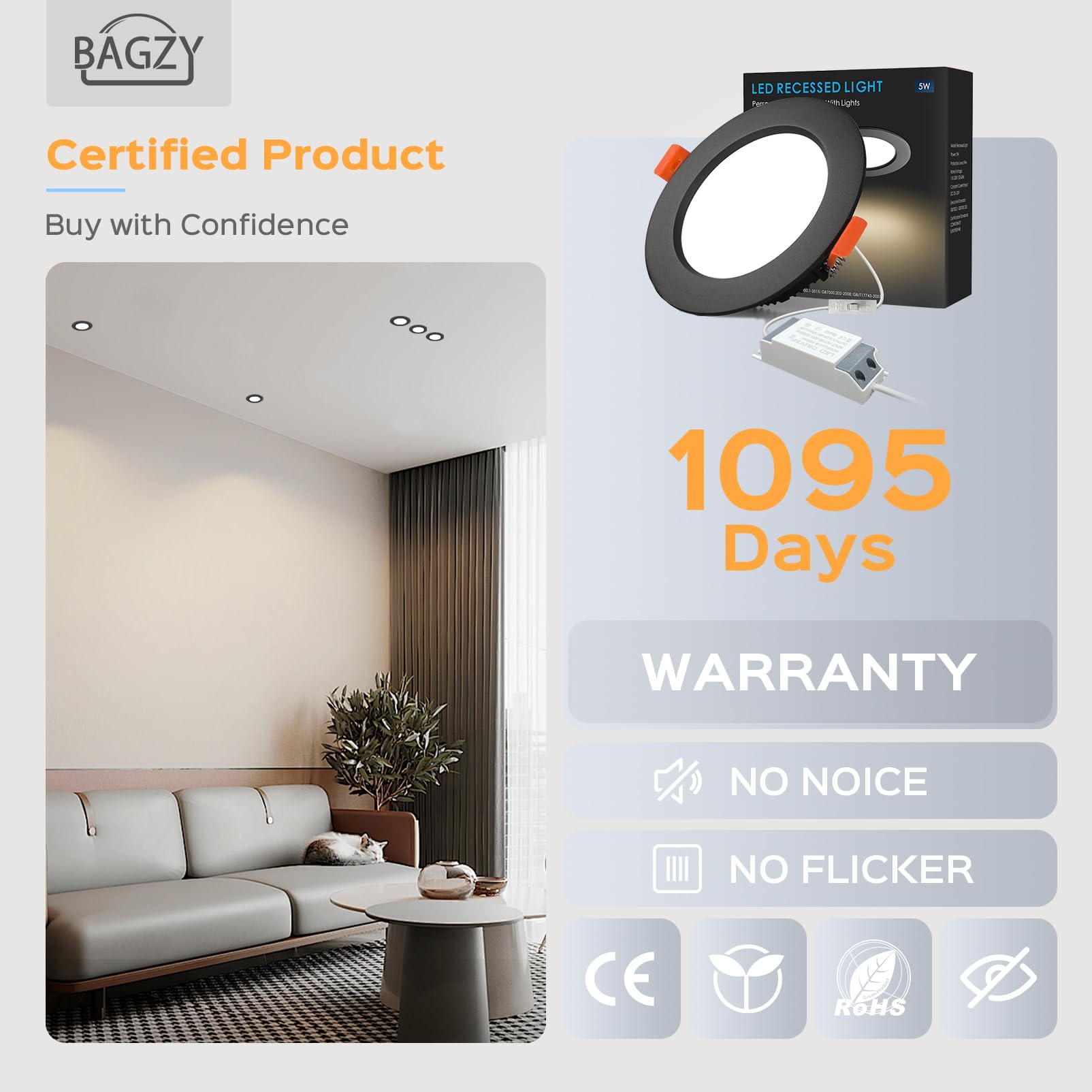 BAGZY 5x Faretti LED da Incasso, 7W Equivalenti a 70W,700LM,AC 220-240V,Bianco Naturale 4000K,Ritaglio Ø 80-90mm,IP44,Faretto da Soffitto Ultra Piatto per Camera da Letto Bagno Cucina(Nero)