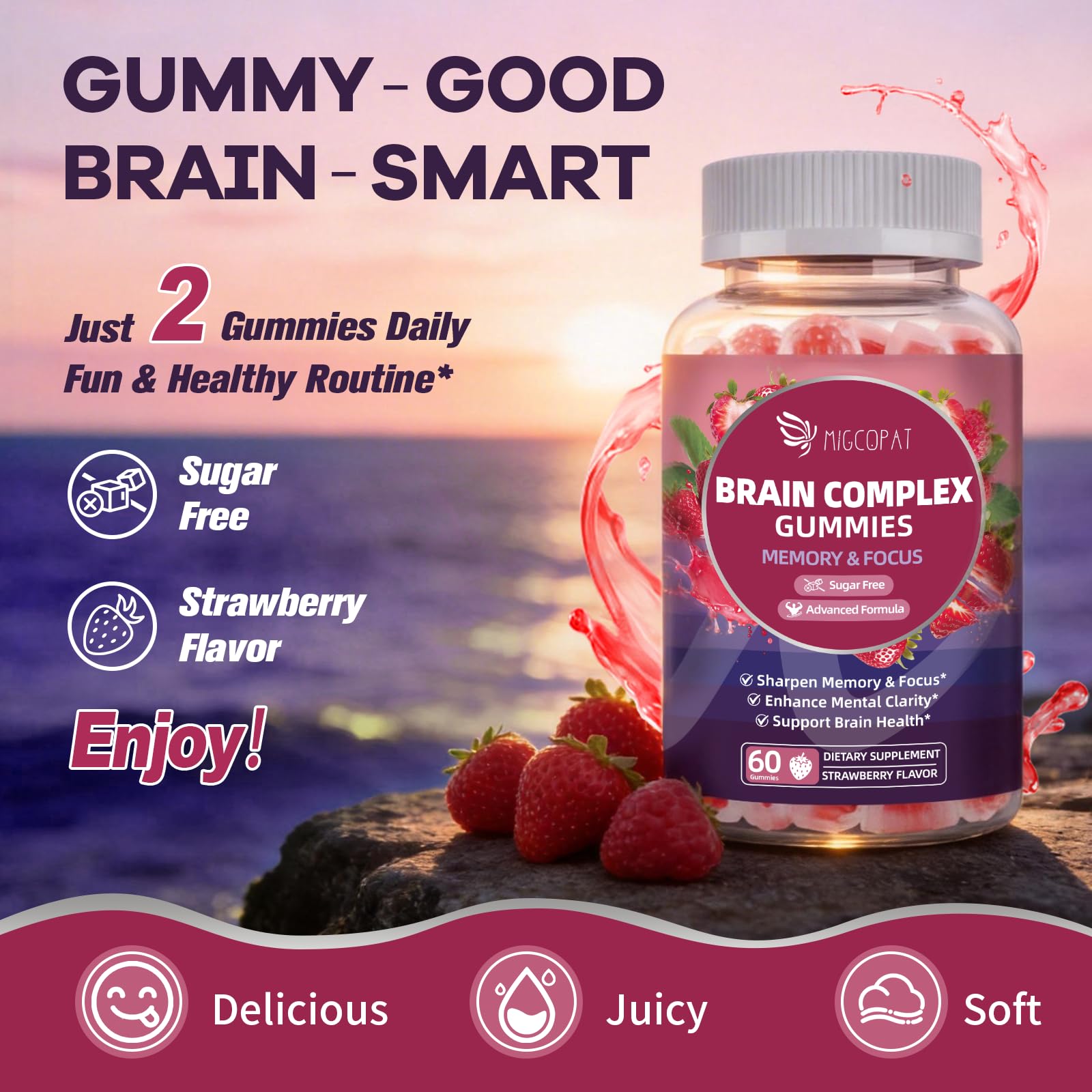 Migcopat Brain Supplements for Memory & Focus – Nootropic Gummies w/Bacopa, Lion’s Mane, Ginkgo & 10-in-1 Mushroom Complex, Mental Clarity & Cognitive Support, Caffeine-Free Strawberry Flavor 60 Cts — Amazon image 7