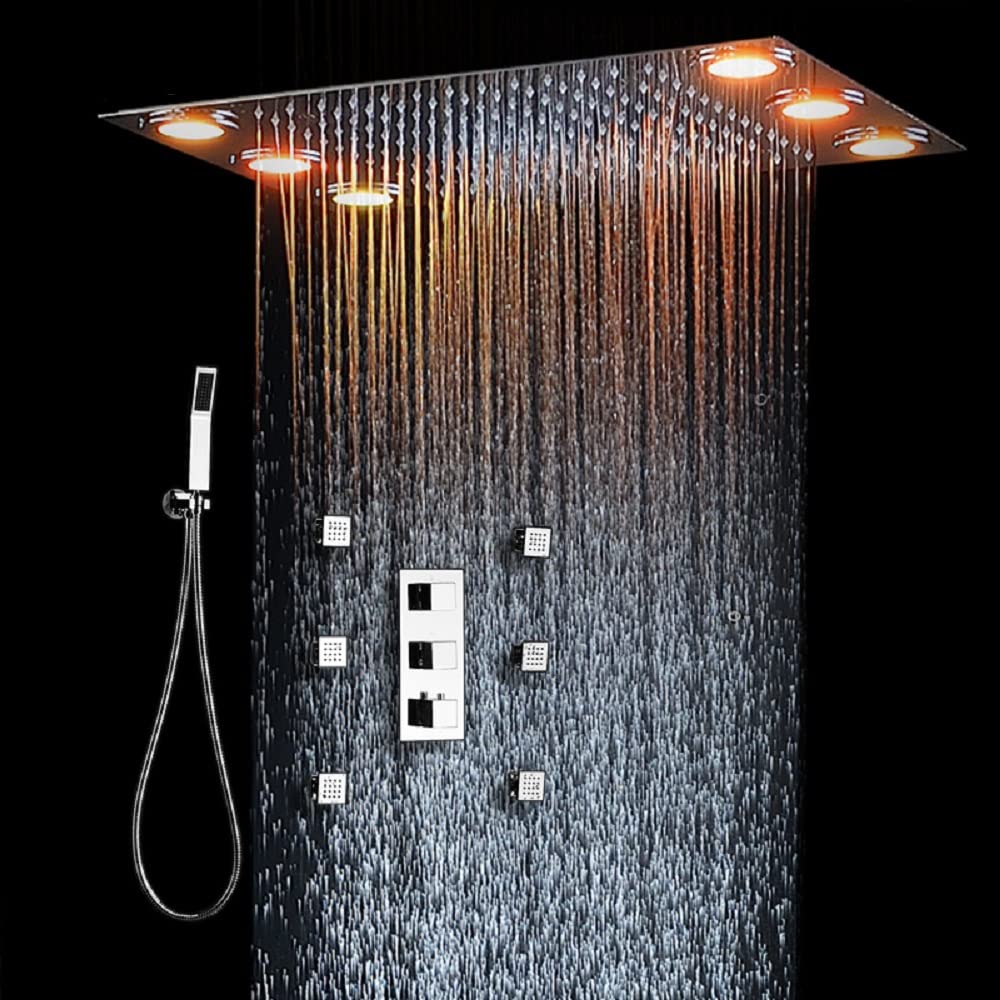Cascada Luxuryious 14" x 20" Large Multicolor LED Shower System with Color Changing Remote Controlle