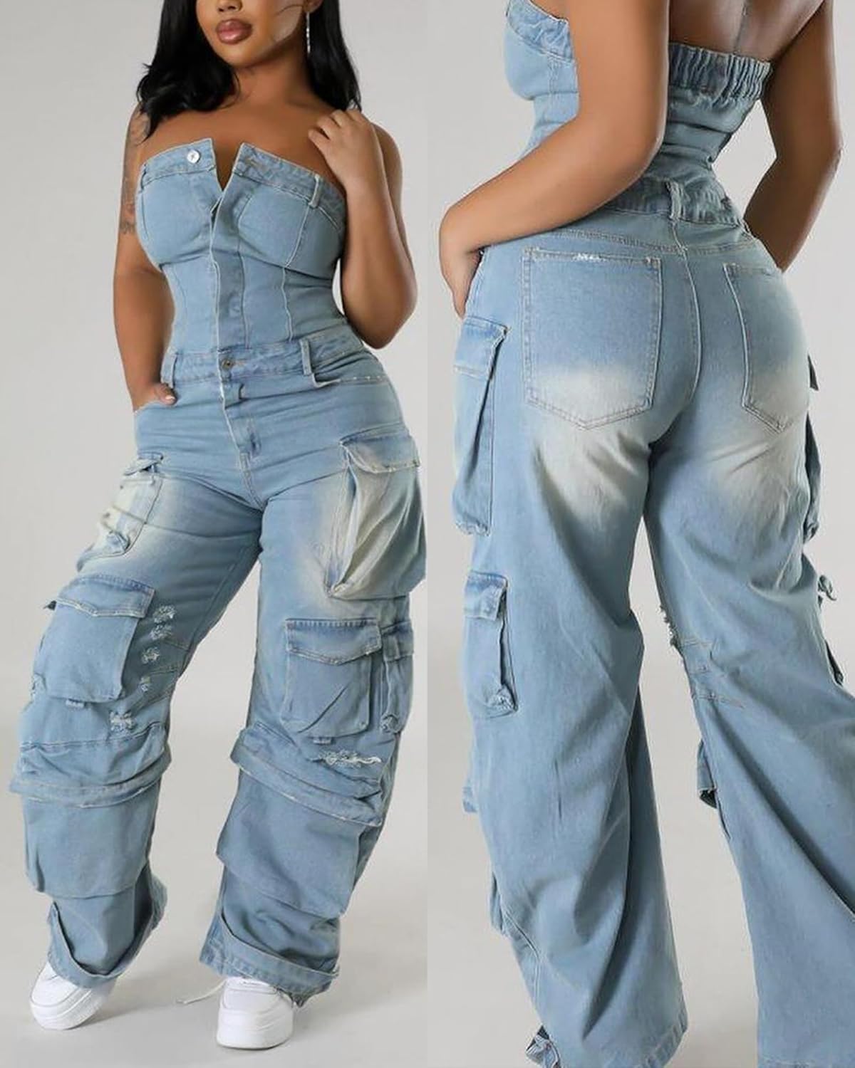 Tbahhir Women's Sexy Off Shoulder Tube Denim Cargo Jumpsuits Wide Leg Baggy Loose Jean Pants Rompers Overalls - Image 5