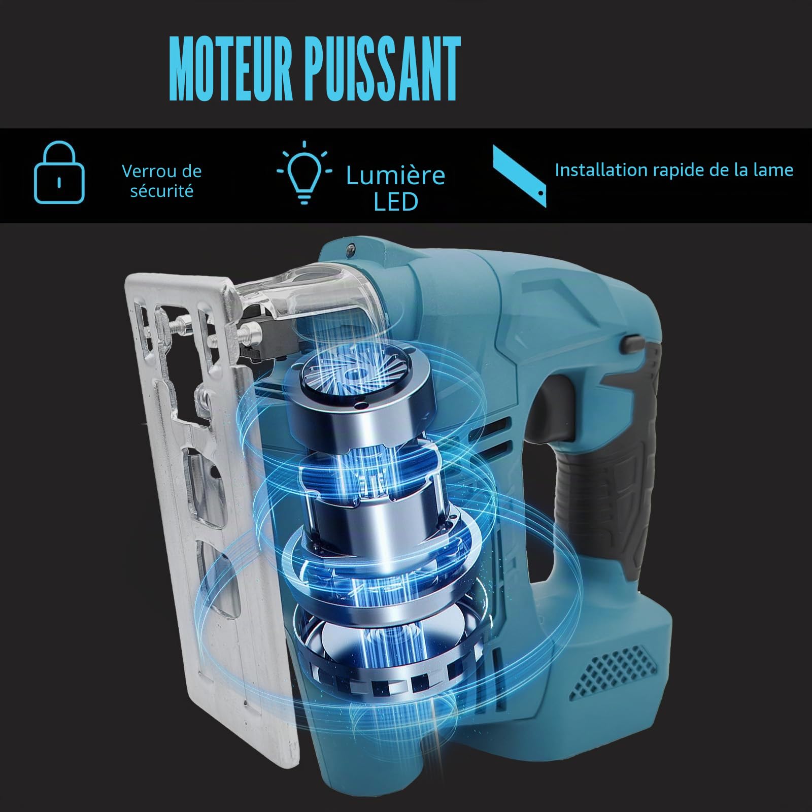 Scie sauteuse sans fil 18 V avec 2 batteries de 3000 mAh et chargeur – Moteur puissant, vitesse variable, lumière LED, fonction onglet (0-45°) et aspiration de la poussière