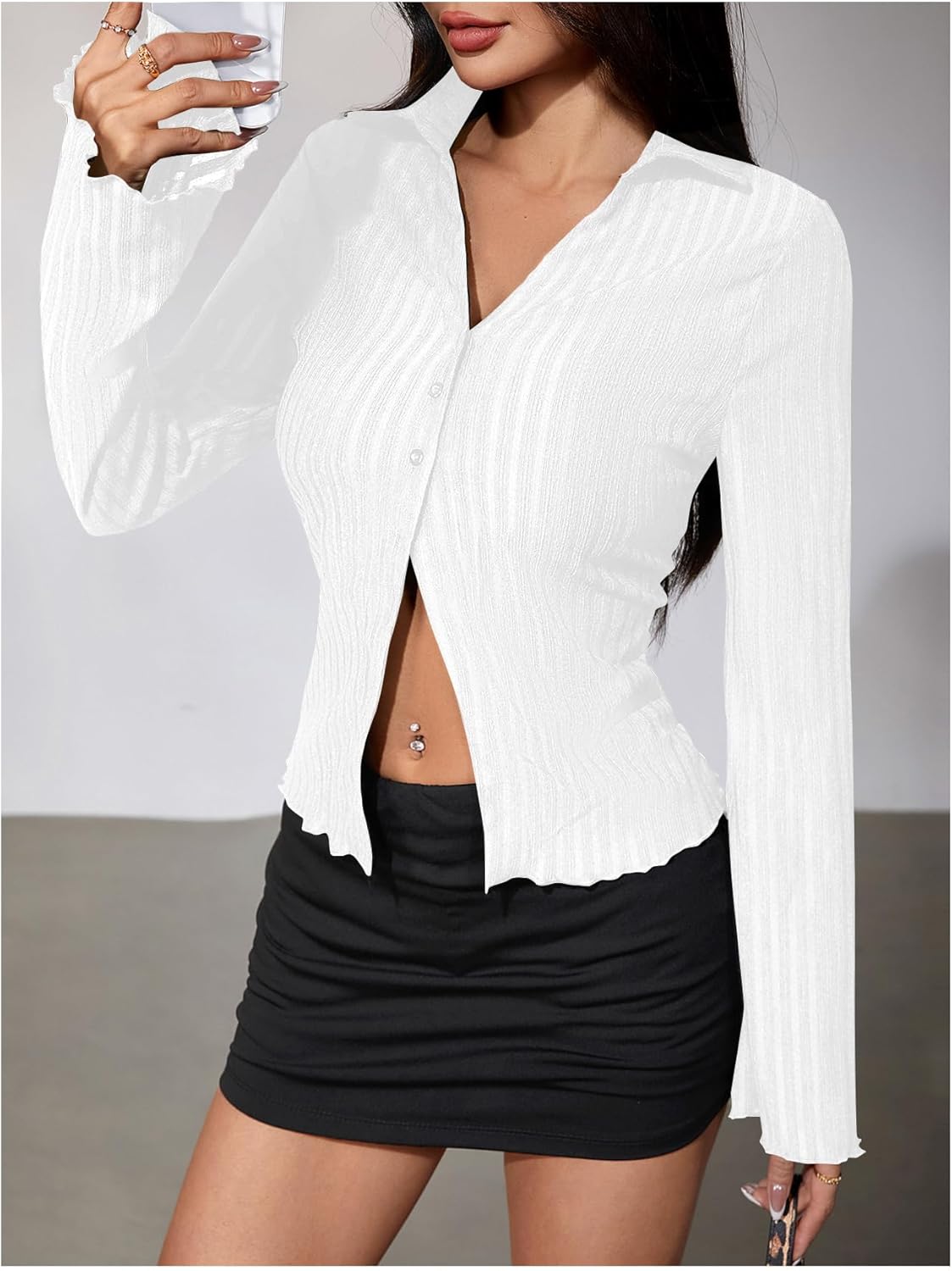 MakeMeChic Women's Button Down Shirts Bell Sleeve Tops Slim Fitted Collared Blouse Office Work Striped Shirts - Image 4