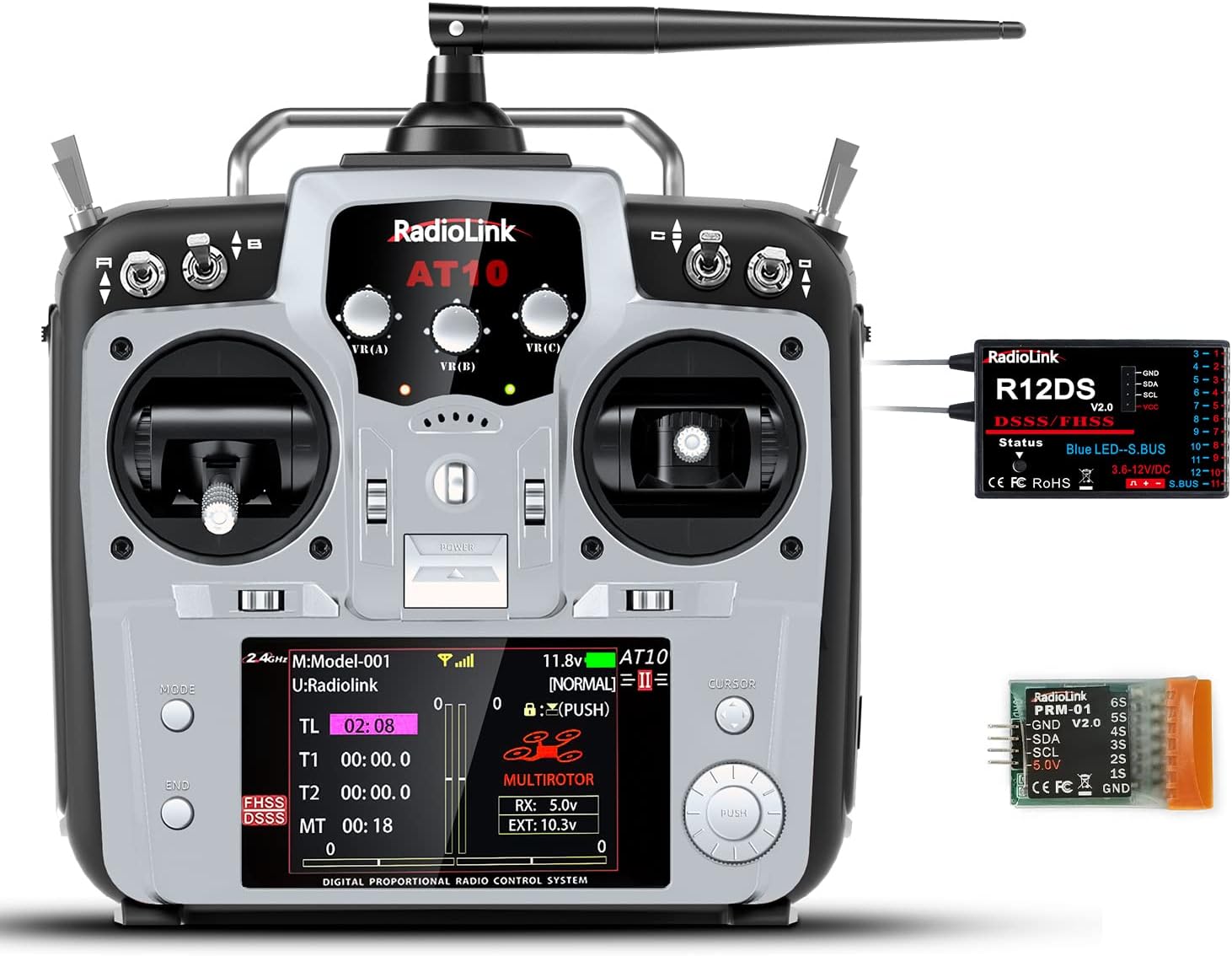 AT10II 12 Channels 2.4G RC Transmitter and Receiver R12DS & PRM-01 Voltage Telemetry Radio Controller for RC Airplane FPV Racing Drone Quad Helicopter Car and Boat (Grey Mode 2 Left Hand)
