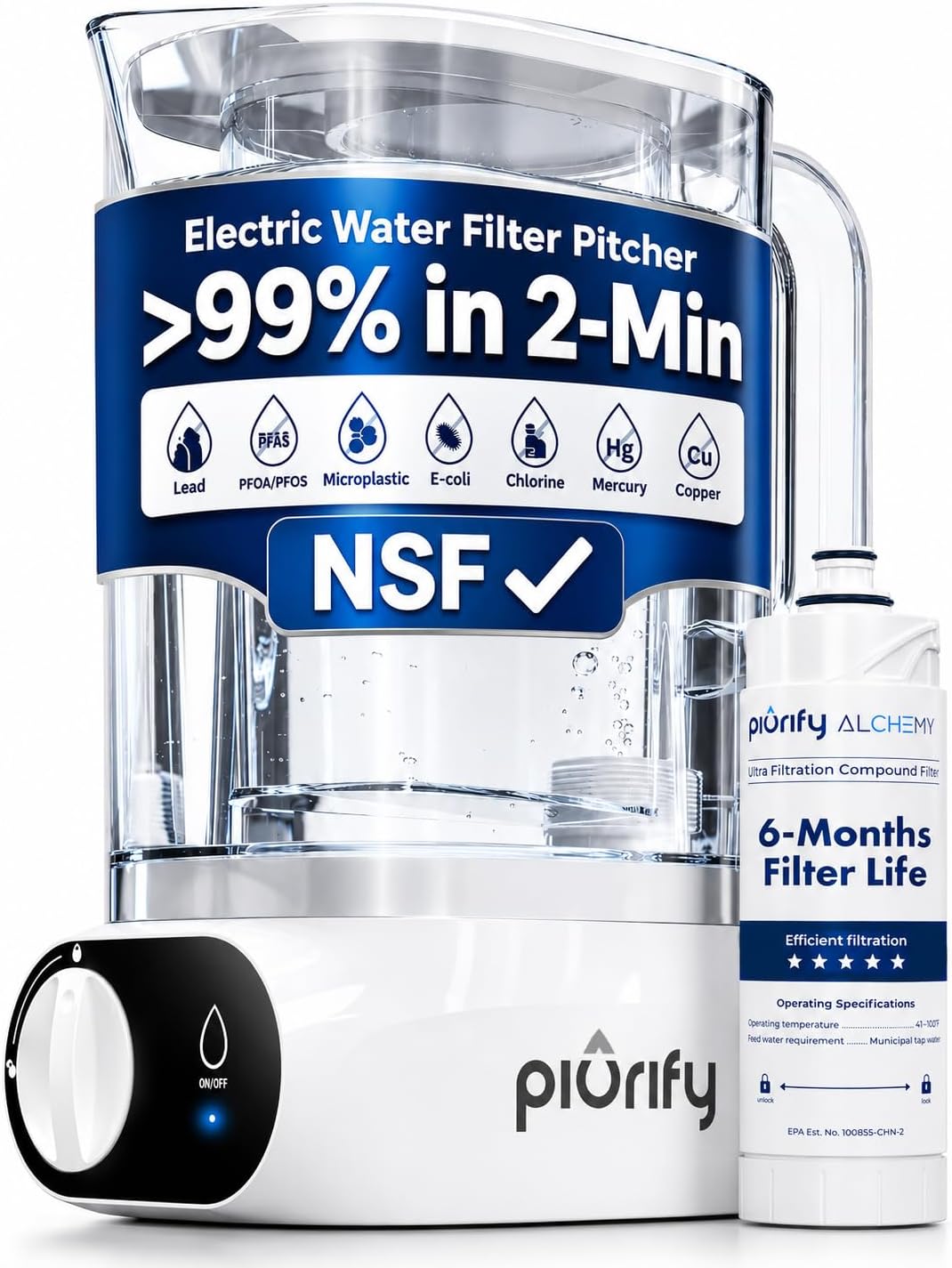 Piurify Compact 50 OZ Countertop Electric Water Filter Pitcher | Removes 99% of Lead, Microplastics, PFAS & Chlorine | Carbon Block & UltraFiltration Technology | 6 Months Filter Life | NSF Verified
