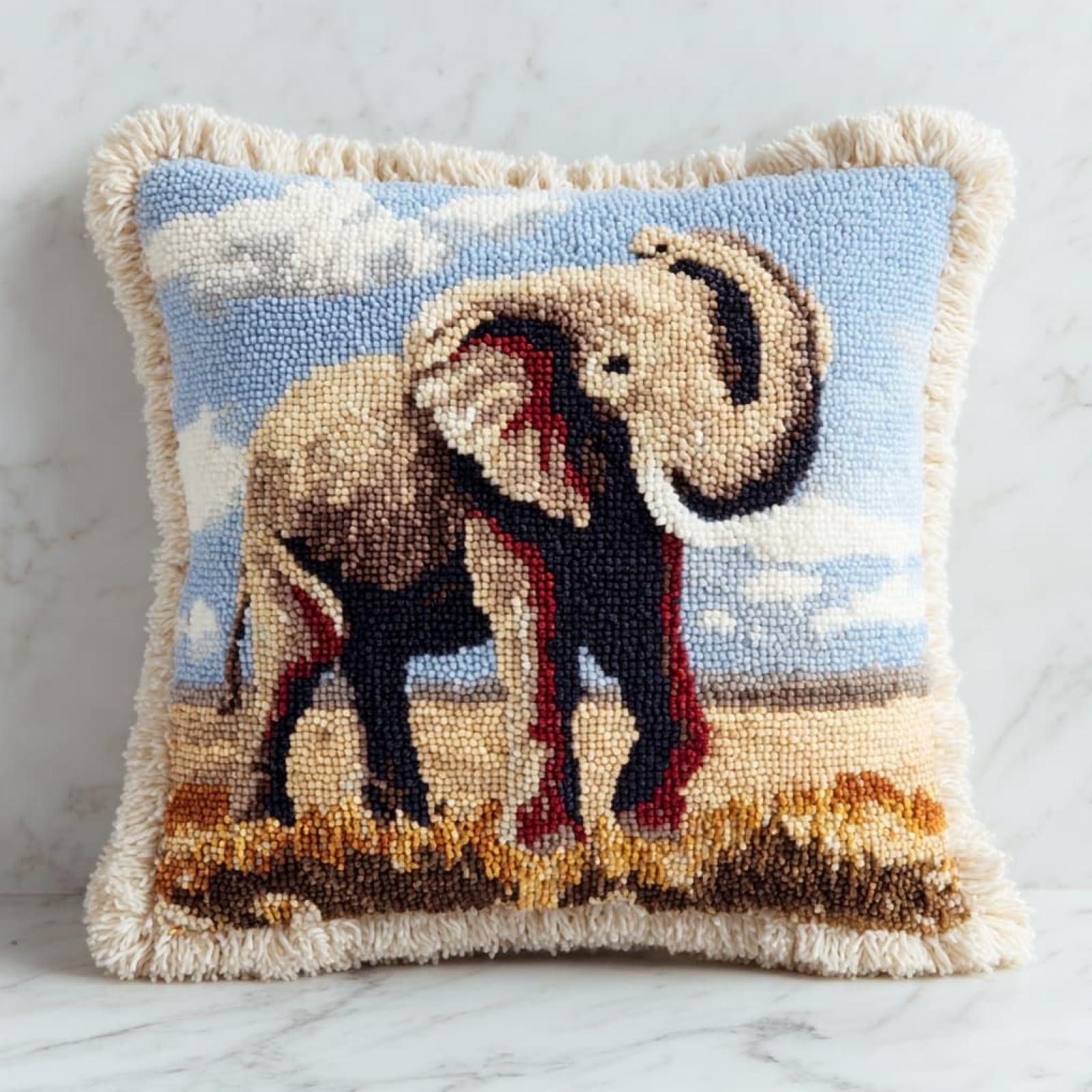 AxiangziK Latch Hook Pillow Making Kit 43x43cm,Animals Elephant Complete Set with Hook Tool & Instructions - Sofa Cushion Cover DIY Craft for Adults