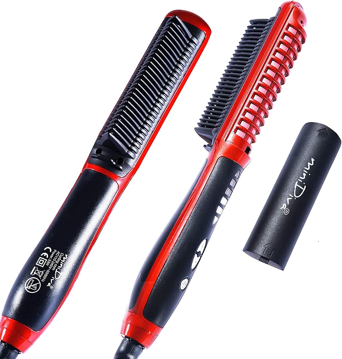 Rizador y alisador de cabello 2 en 1 con anti-escaldaduras, calentamiento cerámico rápido de 30 s, 6 niveles de calor, apagado automático, cable giratorio 360 cepillo alisador de cabello caliente portátil para el hogar, viajes (rojo)