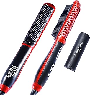 Minidiva 2-in-1 Hair Curler and Straightener with Anti-Scald, 30s Fast Ceramic Heating, 6 Heat Levels, Auto Off, 360 Swivel Cord Portable Hot Hair Straightener Brush for Home, Travel (Red)