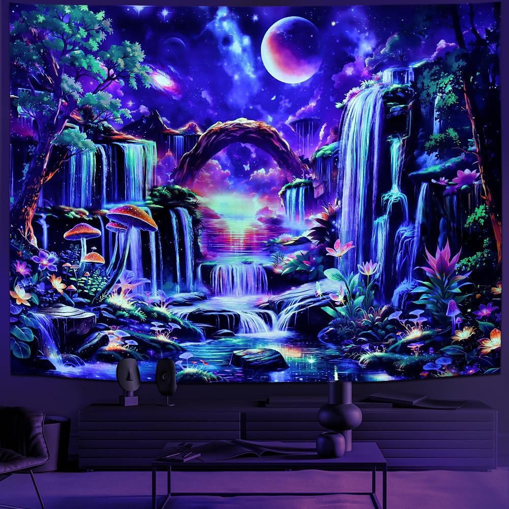 Huzuya Blacklight Fantasy Forest Tapestry Neon Waterfall Tapestries UV Reactive Galaxy Space Tapestry Colorful Floral Plants Tapestries Wall Hanging Backdrop Room Decor for Bedroom