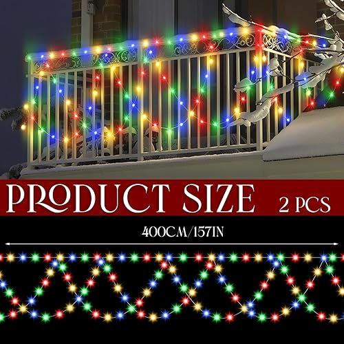 Miniatura 2 de 2 luces solares de decoración de valla de Navidad de 13 pies en total de 26 pies, 380 luces LED semiredondas de Navidad, decoración al aire libre, 8