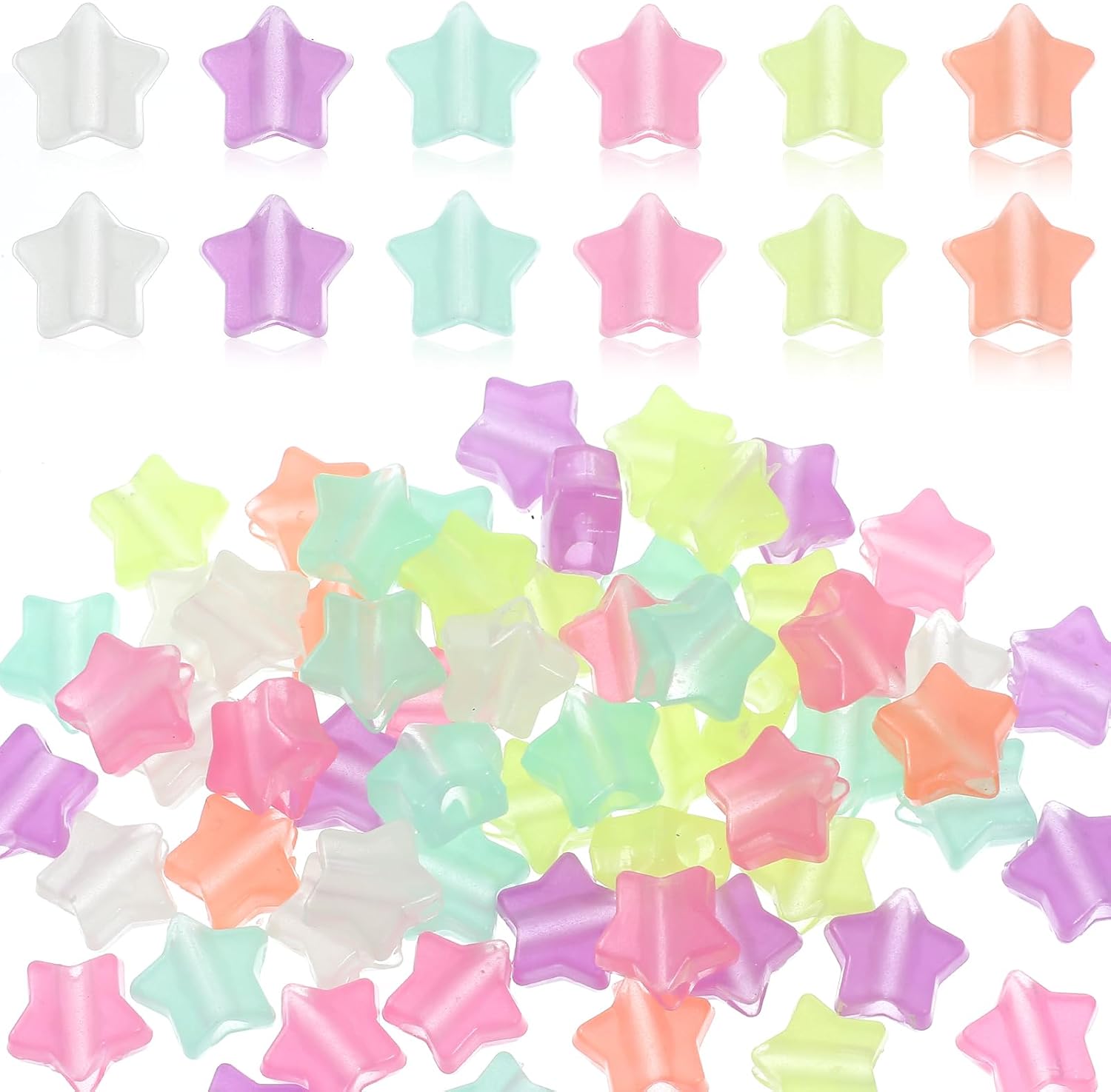 100 Pcs Glow in The Dark Star Beads, 13mm Colored Luminous Star Beads, Acrylic Stars Pony Bead Bulk for Bracelets Making Necklace Hair Braids Earring Keychains DIY String Craft Projects