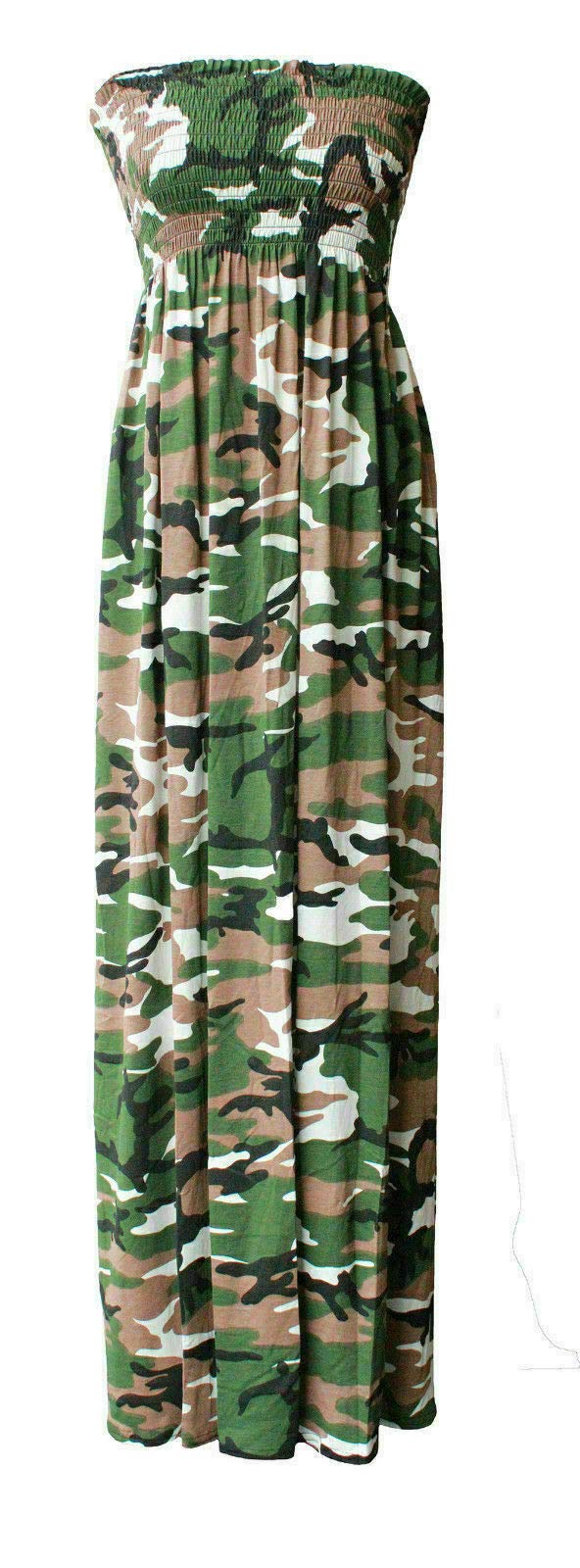 Fairy Trendz Ltd Women's Camouflage Plain Shirred Bandeau Strapless Ruched Long Boob Tube Jersey Summer Maxi Dress Sheering Maxi Maxy( Uk 20-22)
