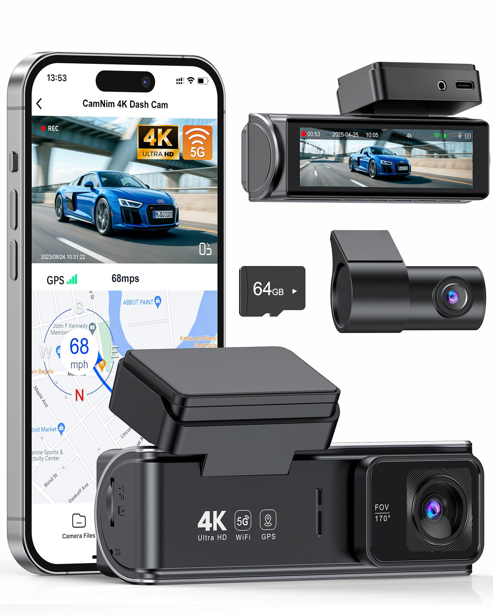 4K Dash Cam Front Rear: Dual Dash Camera for Car, 5GHz/2.4GHz Wi-Fi GPS Dashcam with Loop Recording 24H Parking Monitor WDR Night Vision G-Sensor 170° View Angle APP Control and 64GB Card Included