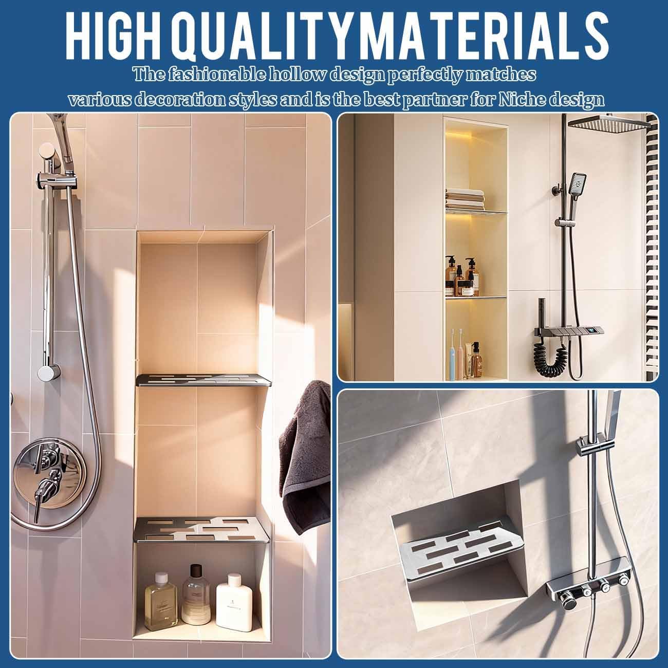 2 Pack Rectangular Shelf for 12 Inch Tile Prefabricated Niches, Shower Niche Shelf with Mirror Effect 316 Stainless Steel Finish, Fits 1/8 inch Grout Lines Shower Niche Insert