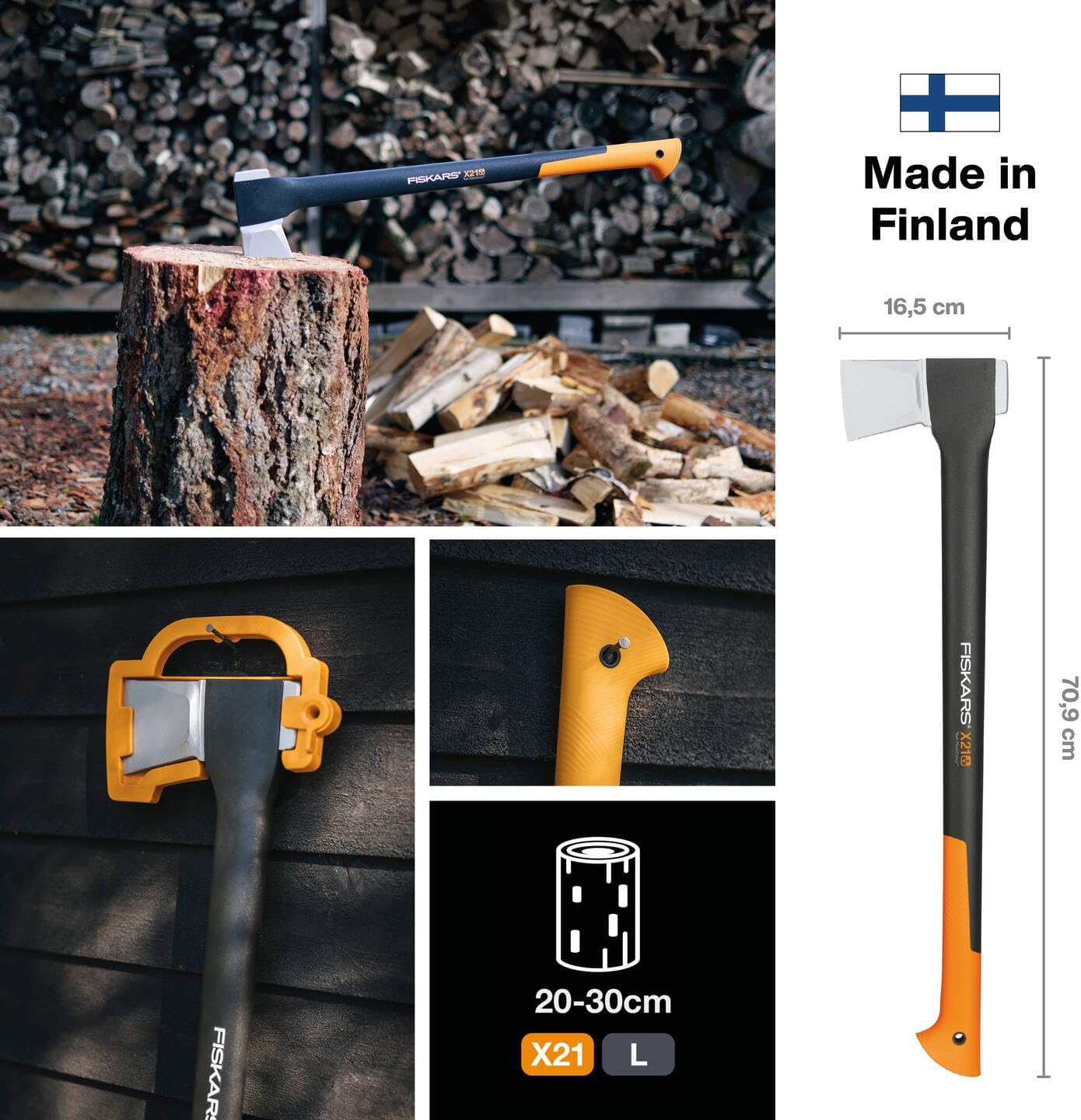 Fiskars Splitting Axe L X21, 1.6 kg, Incl. Storage and Transport Case, Length: 71 cm, Non-Stick Steel Blade Coating, Resistant Fiberglass Handle, Black/Orange, 1015642