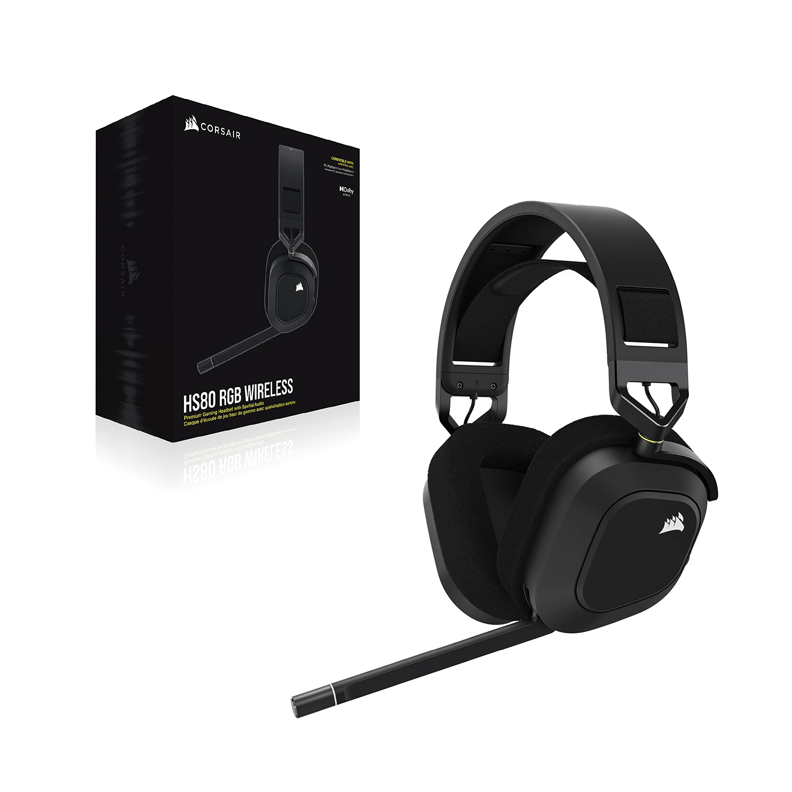 Corsair HS80 RGB Wireless Auriculares Inalámbricos para Juegos - Carbono | RGB, Dolby Atmos, Micrófono Omnidireccional, Compatible con iCUE, PC, Mac, PS5, PS4