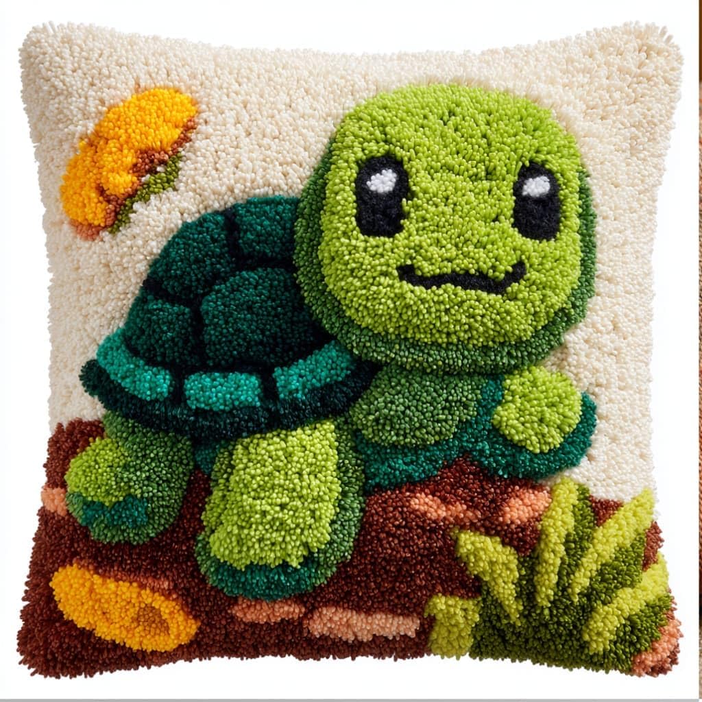 WallustrioaW DIY Latch Hook Pillow Kit,Tortoise Pillowcase Kits Embroidery Kits 17X17 Inch DIY Needlework Pillow Cover Sofa Cushion Rug Making