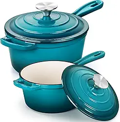 E-far Conjunto de panela de molho com tampa, conjuntos de panelas de ferro fundido esmaltado de 1 litro e 2 litros para cozinhar na cozinha, panelas de forno holandesas pequenas e resistentes e tampas