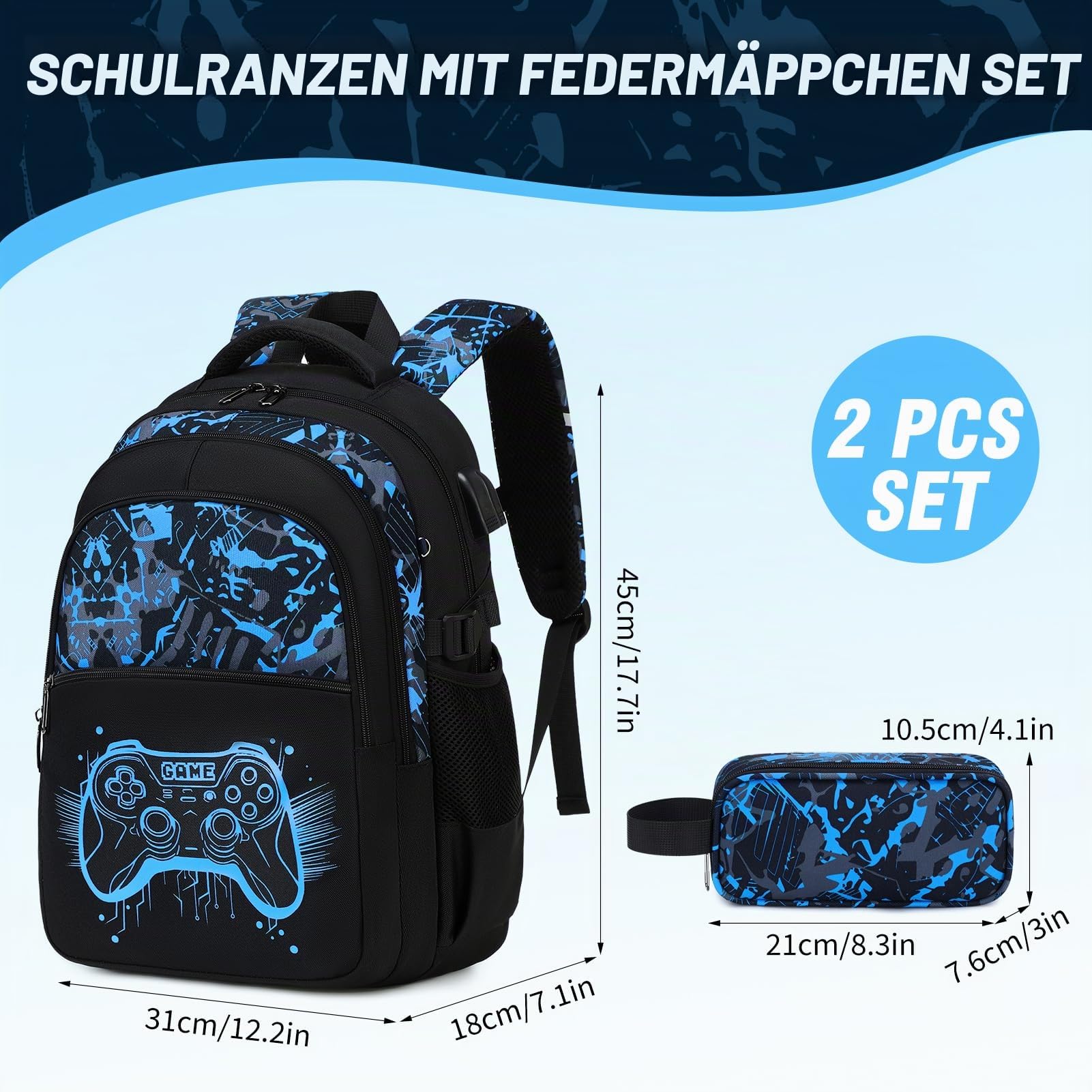 Schulrucksack Set Jungen mit Federmäppchen, Gaming Design | Großer Schulrucksack mit Leuchtendem Gaming Design, Ideal für Grundschule und Sekundarstufe