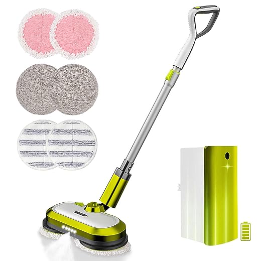 Cordless Electric Mop, Electric Spin Mop with LED Headlight and Water Spray, Up to 60 mins Powerful Floor Cleaner with 300ml Water Tank, Polisher for Hardwood, Tile Floors, Quiet Cleaning & Waxing