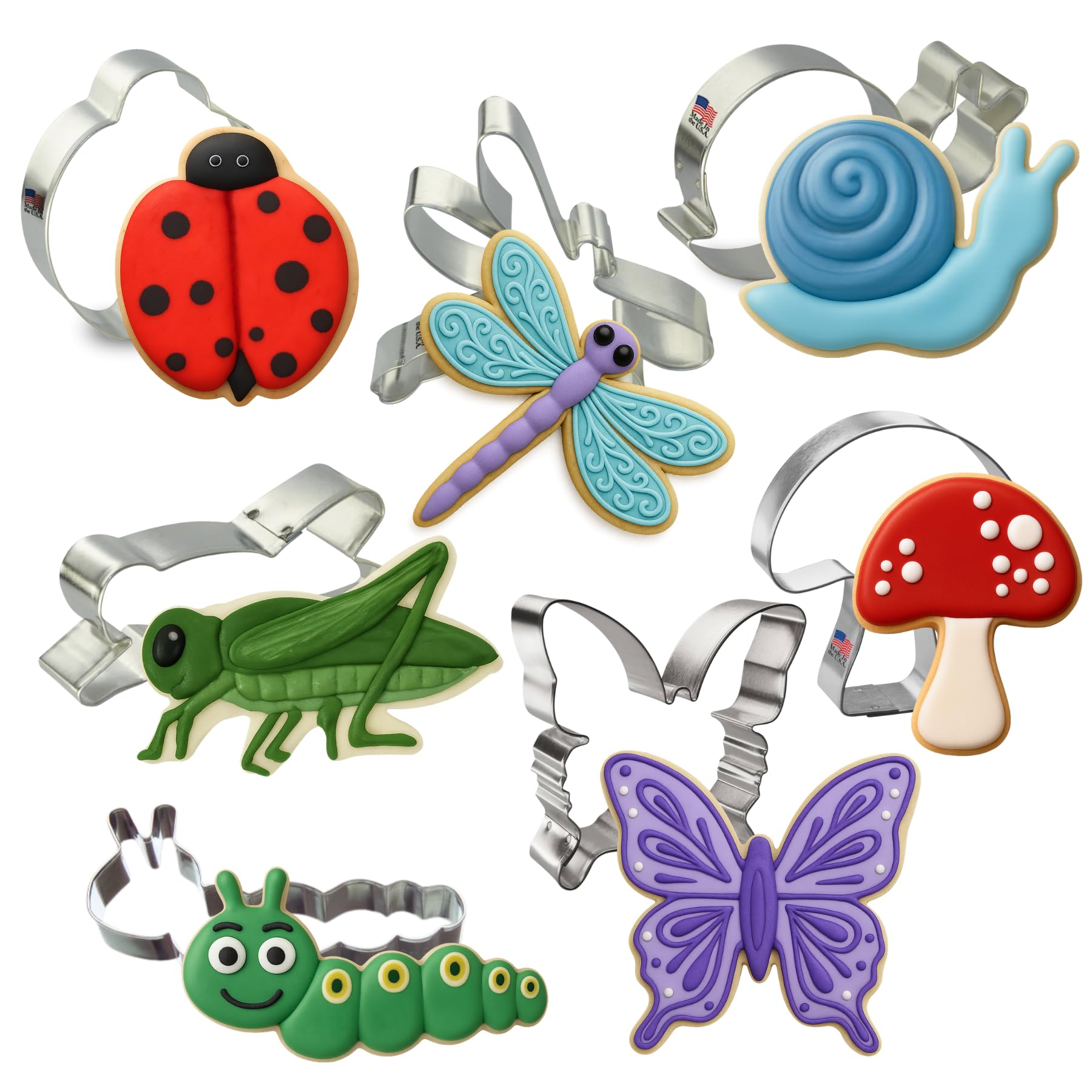 Foose Cookie Cutter 7 Piece Insect 3.5 in Dragonfly, 4.25 in Caterpillar, 3 in Ladybug, 4.5 in Butterfly, 3.5 in Grasshopper, 4.25 in Snail, 3.25 in Mushroom - USA Made