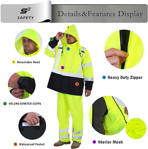 Miniatura 5 de sesafety Hi Vis - Chaqueta de lluvia de alta visibilidad clase 3 traje de lluvia para hombre impermeable con malla frontal cremallera Lima