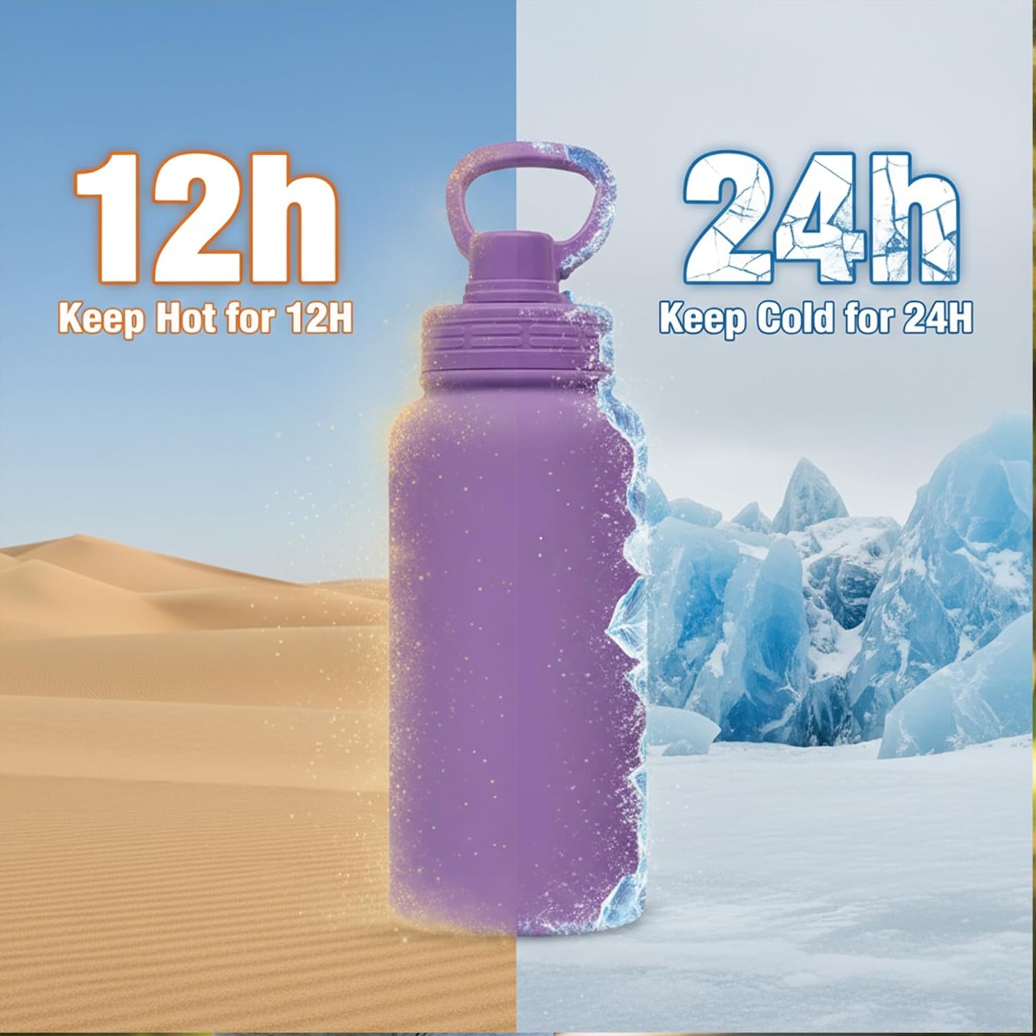 Purple Water Bottle 32 oz Insulated Stainless Steel Sports Water Bottle with Spout & Handle Lids,Wide Mouth Water Jug for Gym,Mens,Leak Proof Keep Cold for 24 Hrs Hot for 12 Hrs - Image 3