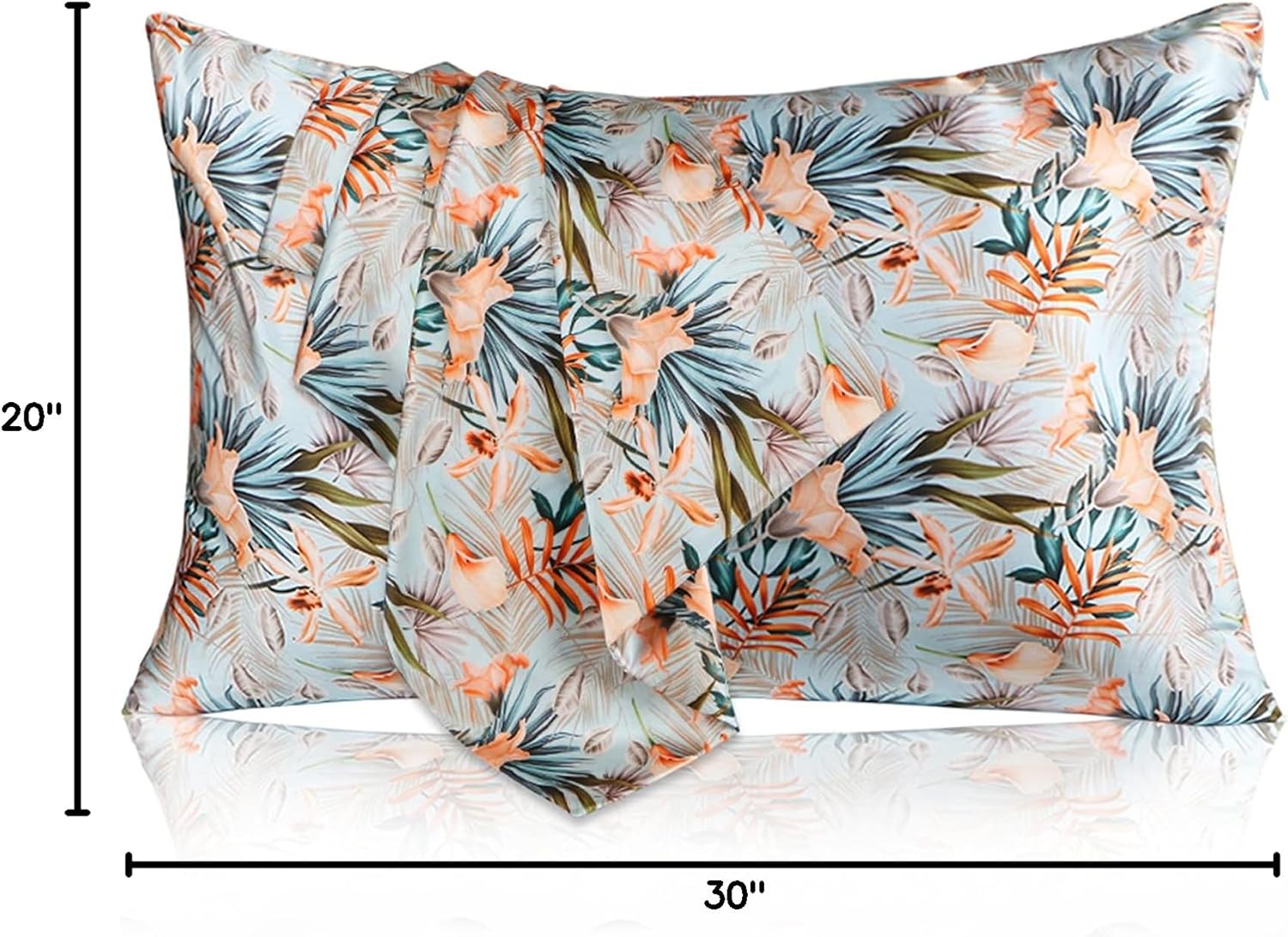 MANSPHIL Tropical 100% Silk Pillowcases Queen Size, Green Palm Floral Pattern, 22 Momme Mulberry Silk Pillow Cases Cover for Hair and Skin Beauty, Hidden Zipper, 20"x30"