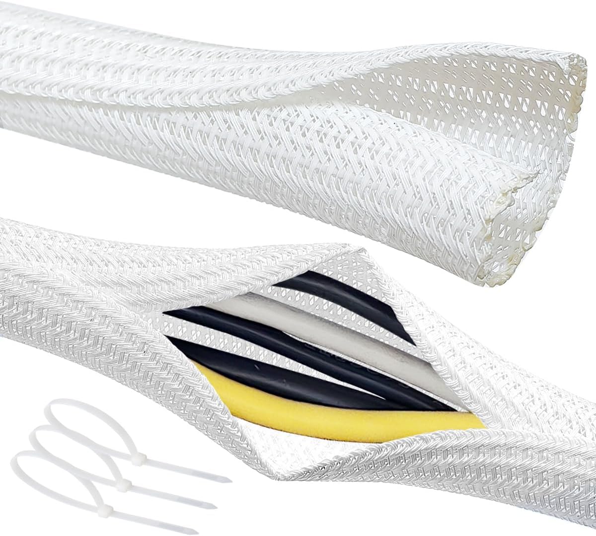 Cable Management Split Wire Loom Sleeve - Cord Hider & Protector for Desk, Pet Chew Proof, Wire Cover Organizer, Flexible Tube for Wires and Cables (1 & 1/2 Inch 10FT Each, White)