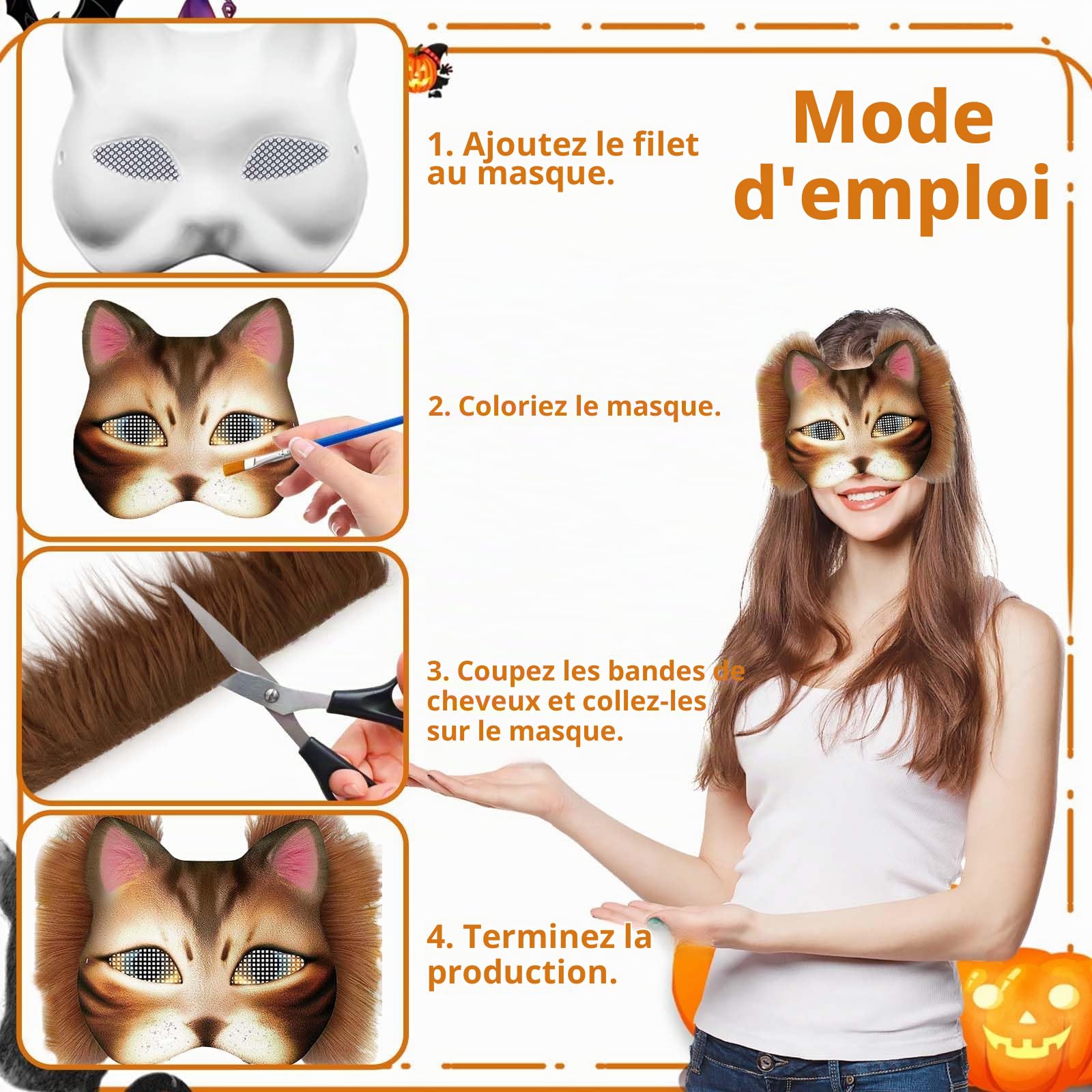 Masque Chat en Papier Blanc 6 Pièces Kit Complet DIY Peinture et Décoration avec Paillettes Fourrure Artificielle et Accessoires Créatifs Taille Universelle Pour Fête Anniversaire Carnaval