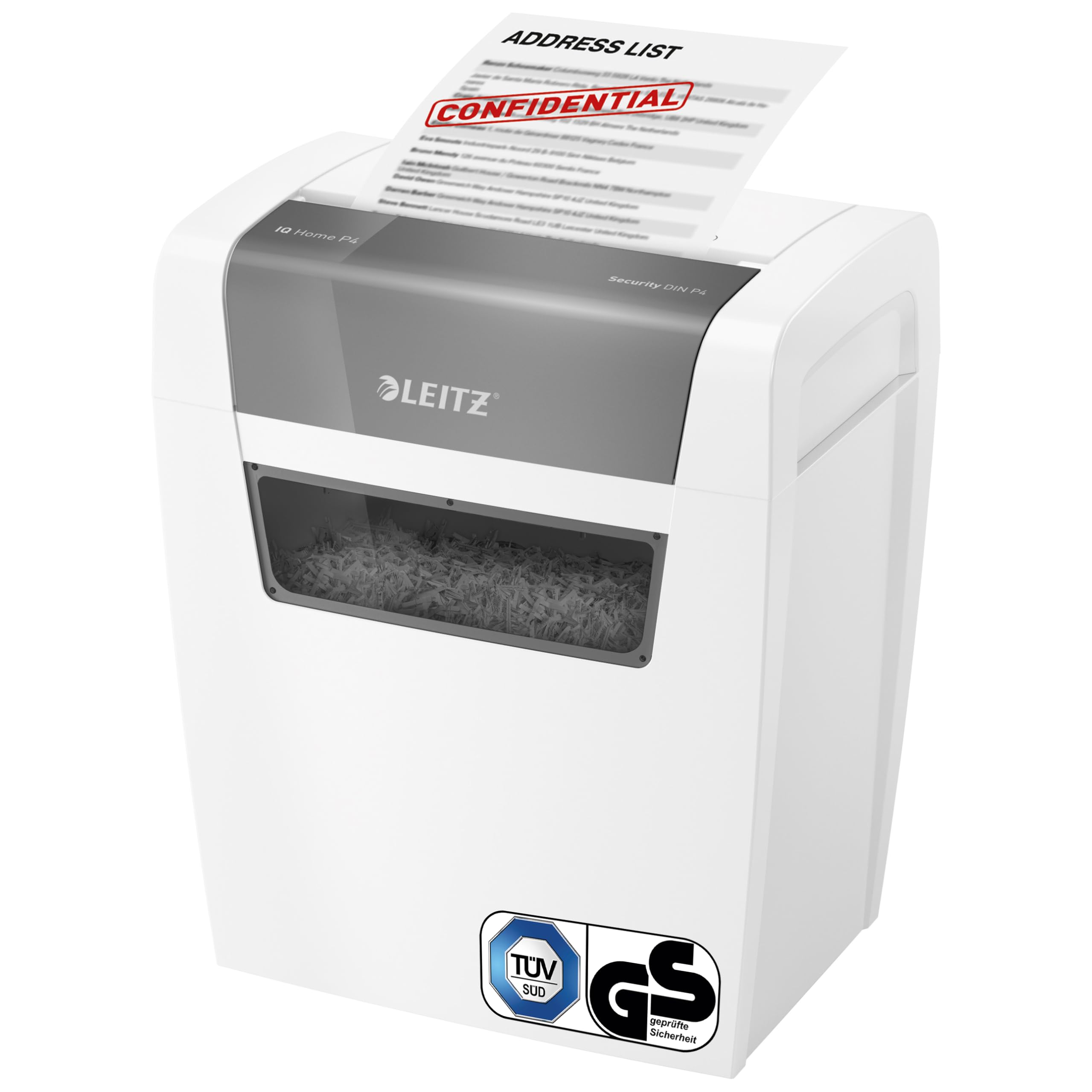 Leitz IQ Home Aktenvernichter, 7-6 Blatt (70-80 g/m²), TÜV+GS zertifiziert, Kleiner Partikelschnitt Schredder, Sicherheitsstufe P4, 15 Liter Behälter, Leise & kompakt für Home Office, Weiß, 80340000