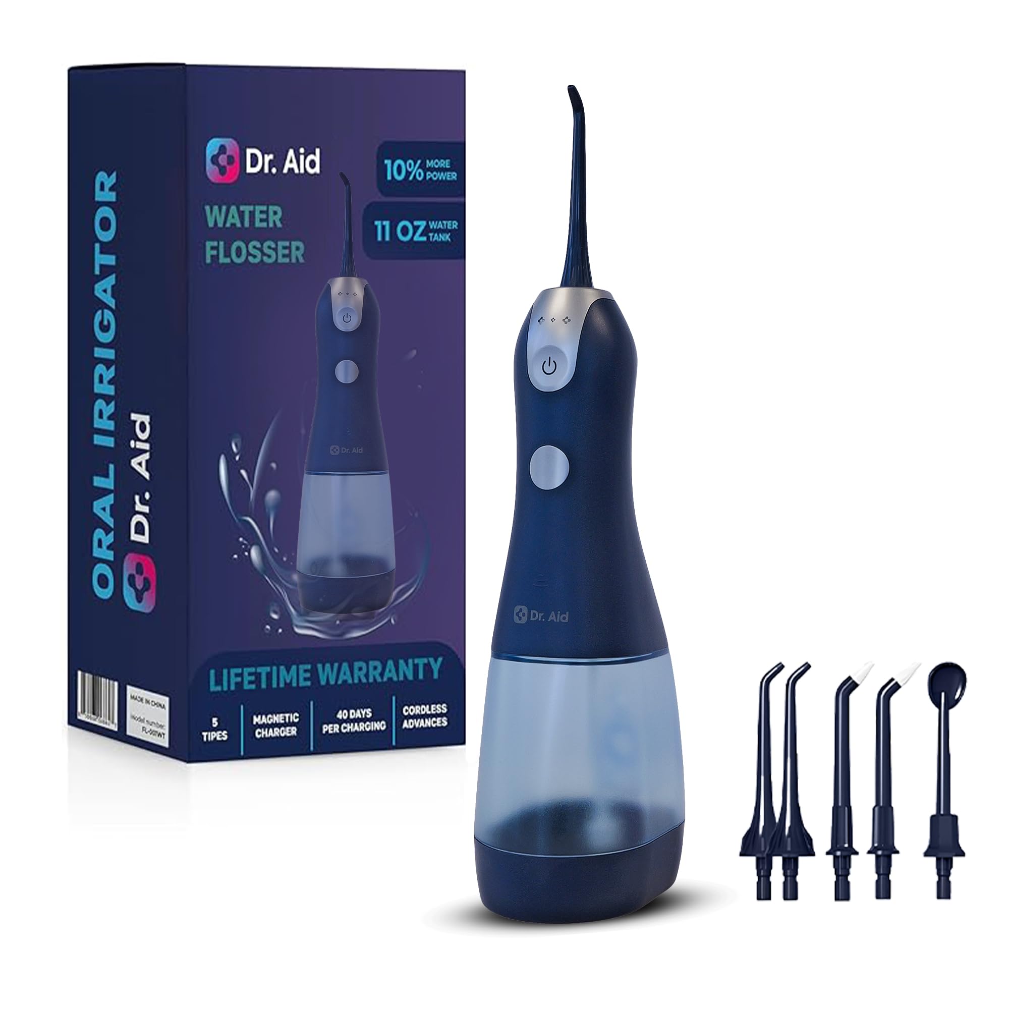 Dr. Aid Hydropulseur dentaire – Irrigateur buccal portable – Réservoir de 325 ml, filtre à eau, 5 embouts, chargeur magnétique – Hydropulseur sans fil étanche IPX8, idéal pour les dents, les gencives