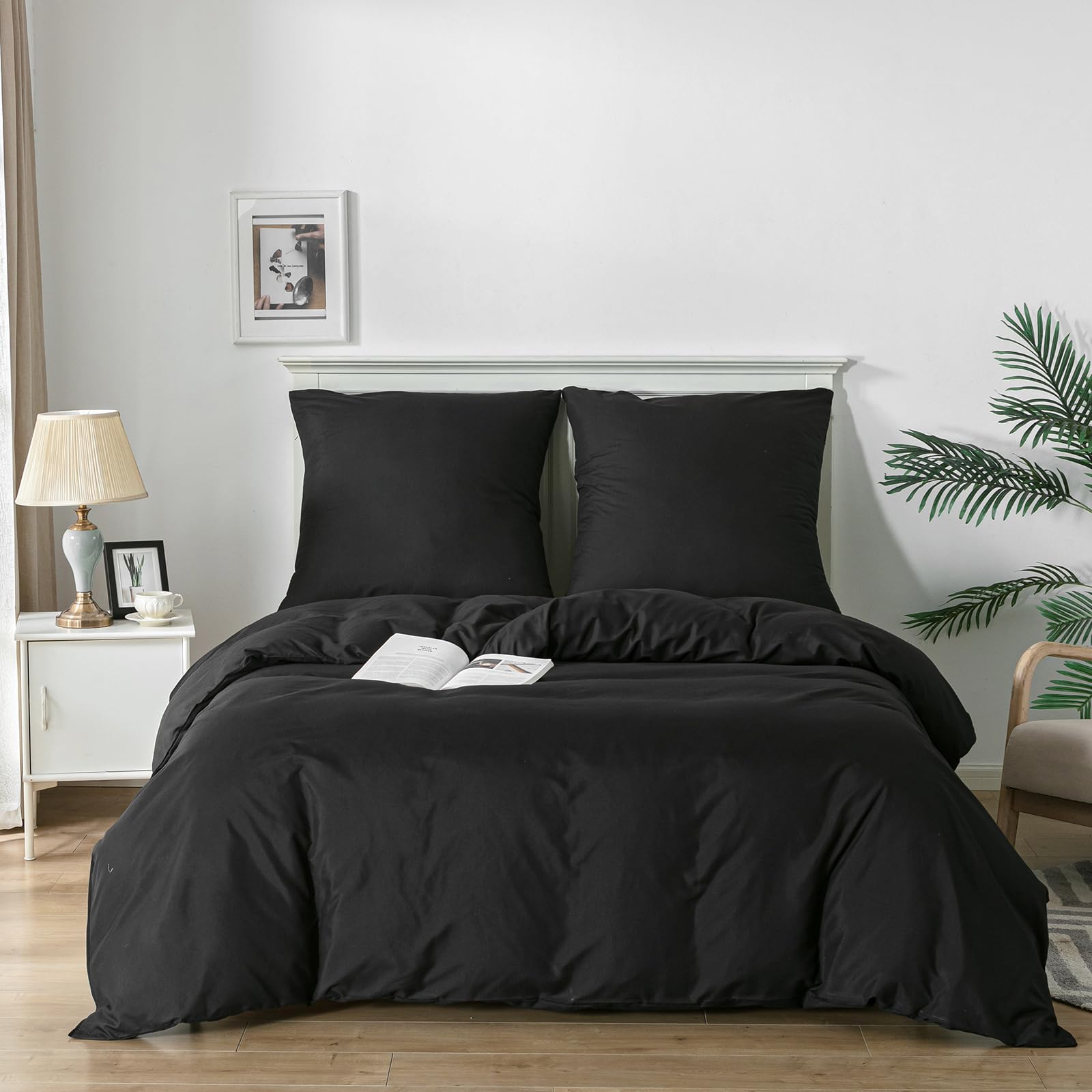 Good Nite Black Bed Linen 200 X 200 Cm 3-Piece Bed Linen Sets Microfibre Duvet Cover 200 X 200 Cm + 1 Pillowcase 80 X 80 Cm Breathable Soft