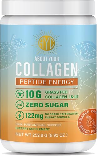 ABOUT YOUR COLLAGEN Peptide Energy - Colágeno en polvo para cabello, uñas, piel, tipo I y III, cafeína para energía, vitamina C, biotina, ácido