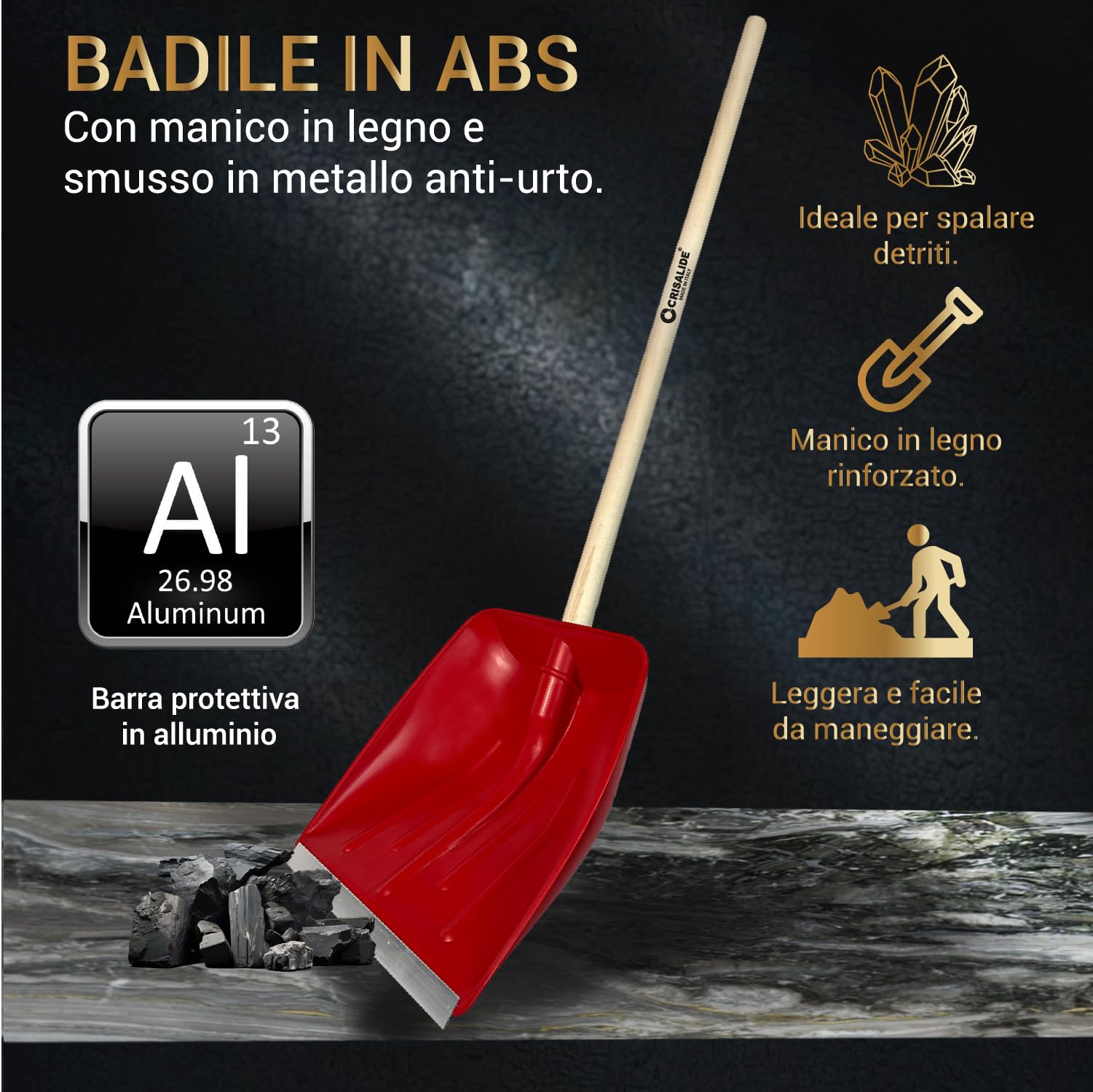 Crisalide® - Baie professionnelle en ABS, extrémités renforcées en aluminium anti-choc, 42 x 37 cm, poignée 135 cm, polyvalente pour usage agricole, jardinage et construction, pelle ergonomique