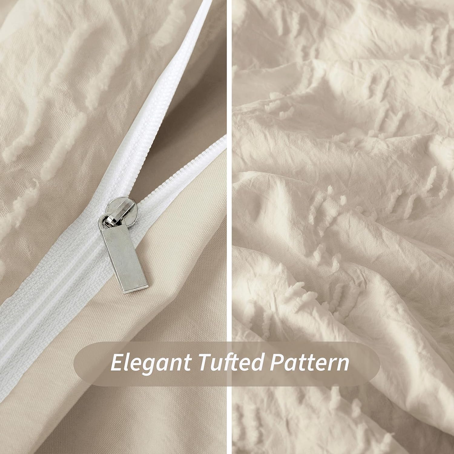 Duvet Cover King Size, 3PCS Beige Boho Duvet Cover Set, Geometric Pattern Tufted Bohemian Comforter Cover Jacquard Knit Textured Bedding Set with Zipper Closure