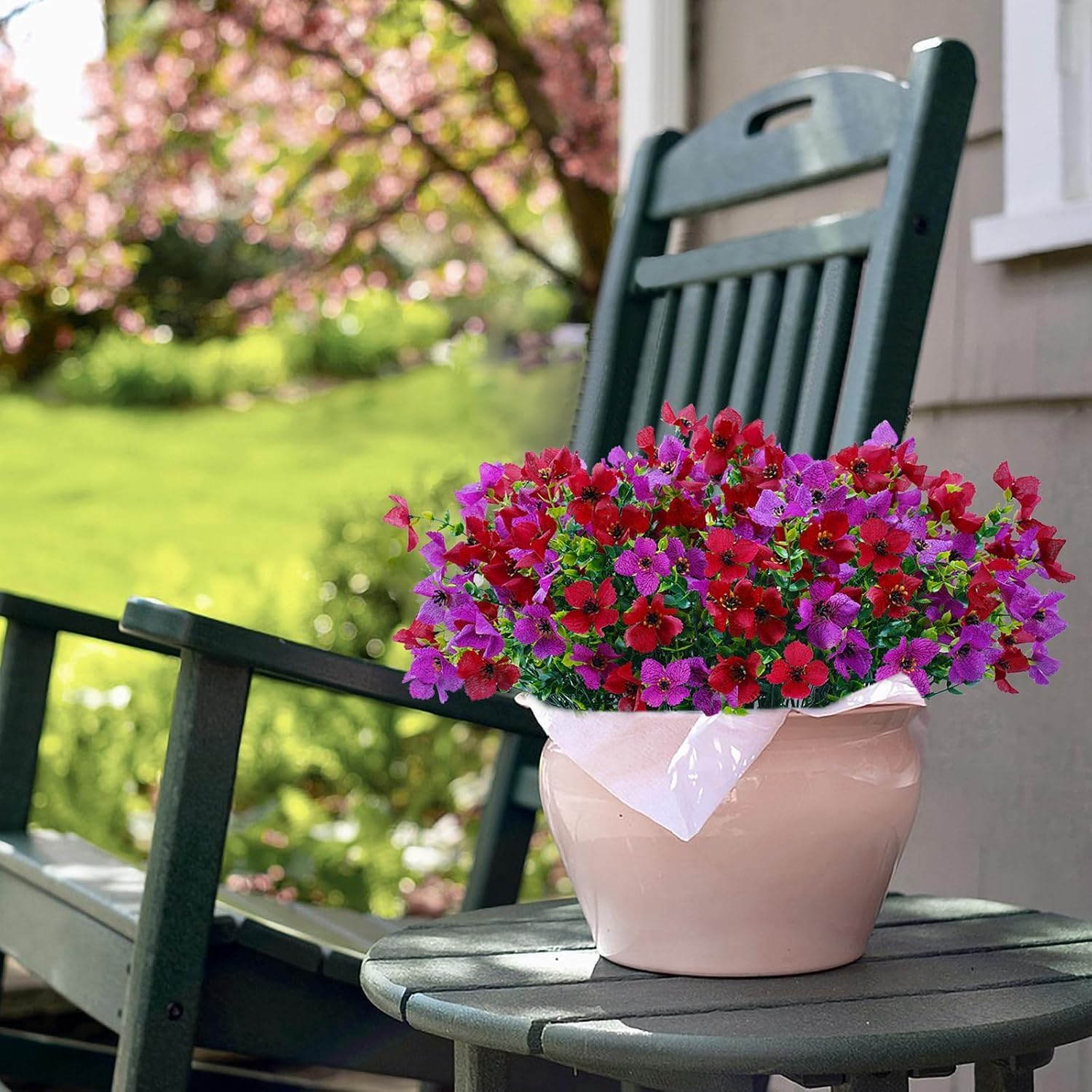 Artificial Faux Plants Flowers Outdoor Spring Summer Decoration, 12 Bundles Fake Silk Colorful Daisy Eucalyptus Realistic UV Resistant for Outside Home Planter Porch Patio Yard Decor (Red Purple) - Image 5