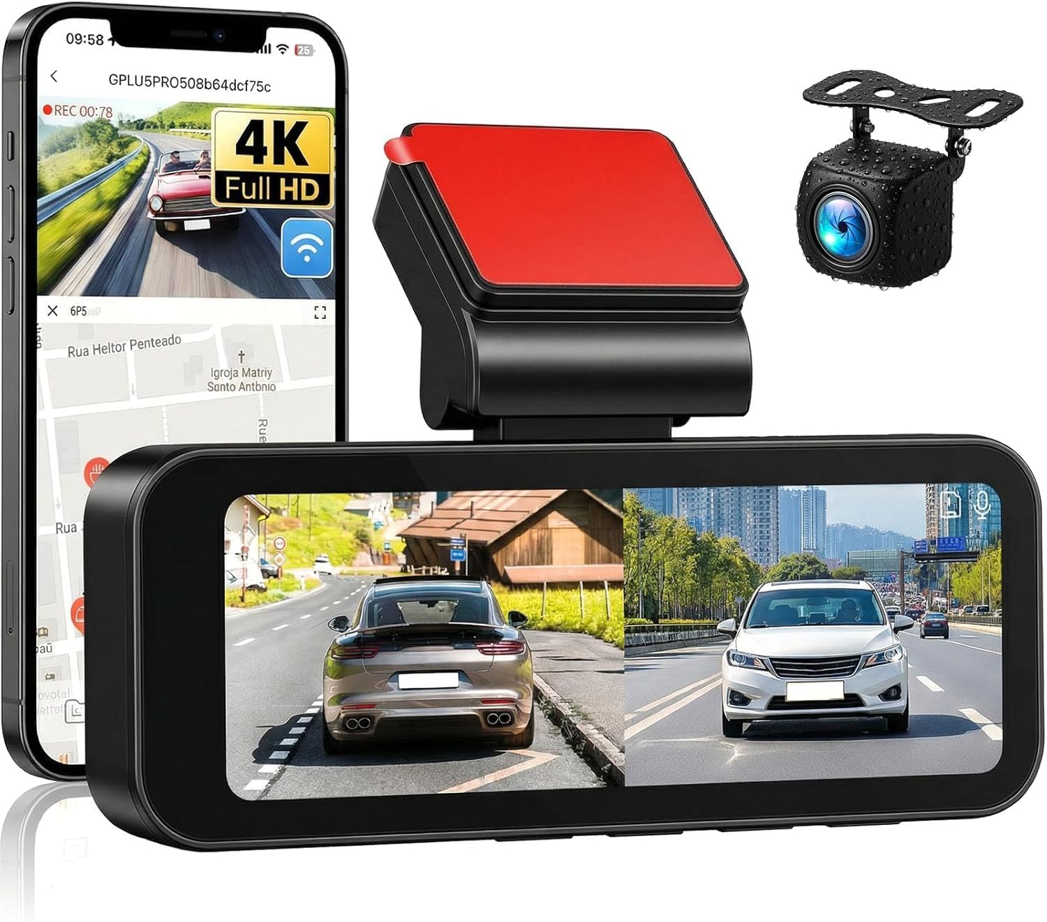 4K Dash Cam Front and Rear with Built-in GPS WiFi Dash Camera for Cars, G-Sensor, 170°Wide Angle, 3.16" IPS Screen, Loop Recording Waterproof
